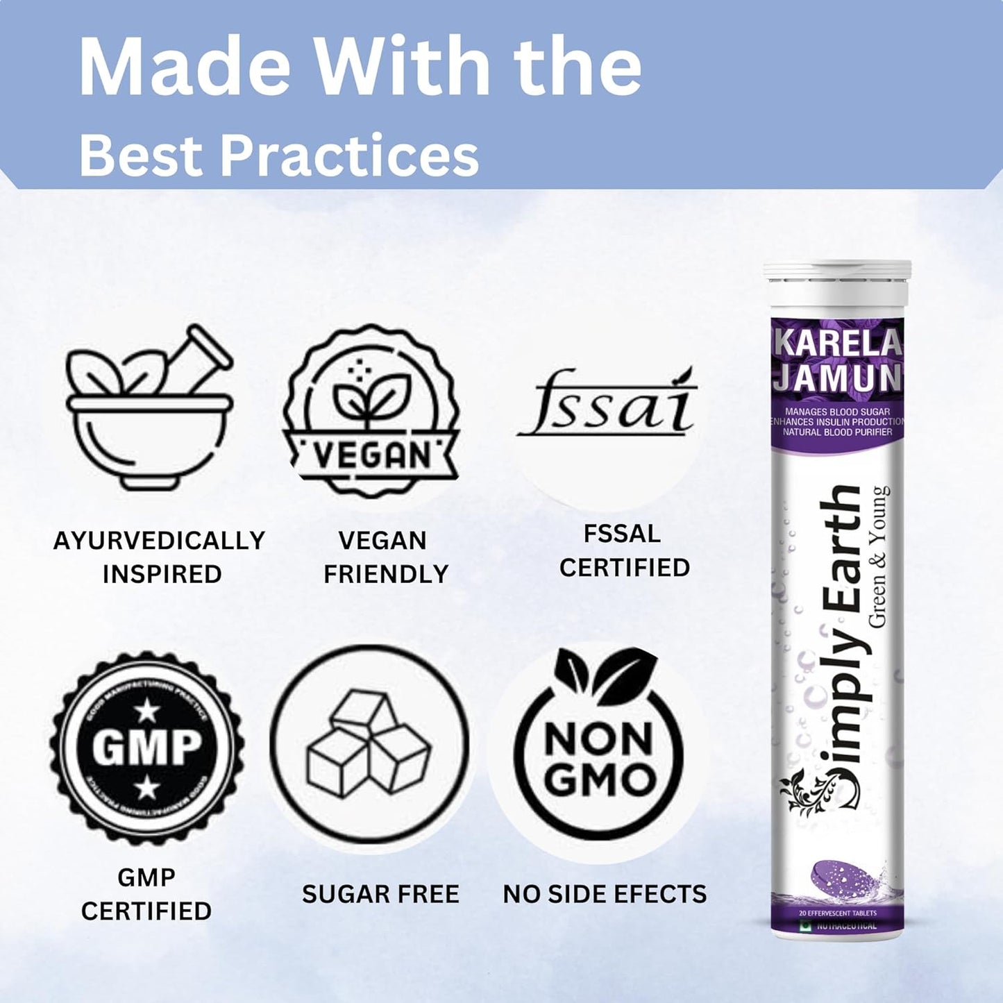 Simply Earth Karela Jamun Fizz Effervescent (Karela Jamun Juice)| Helps in High Sugar Conditions | Herbal Diabetes Management| Boosts Digestive Health| - 40 Effervescent Tablets