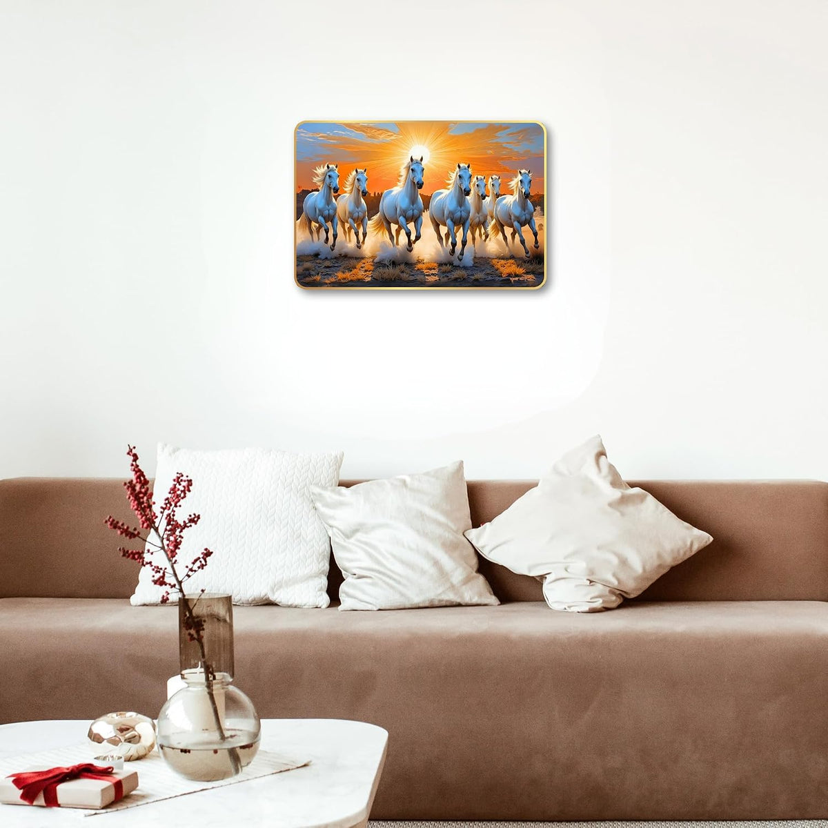 7 Running Horses MDF Wall Art 12x18 Inch | Golden Border Vastu Painting for Home & Office Décor | Modern Elegant Wall Hanging Frame for Living Room, Bedroom (Design 3)