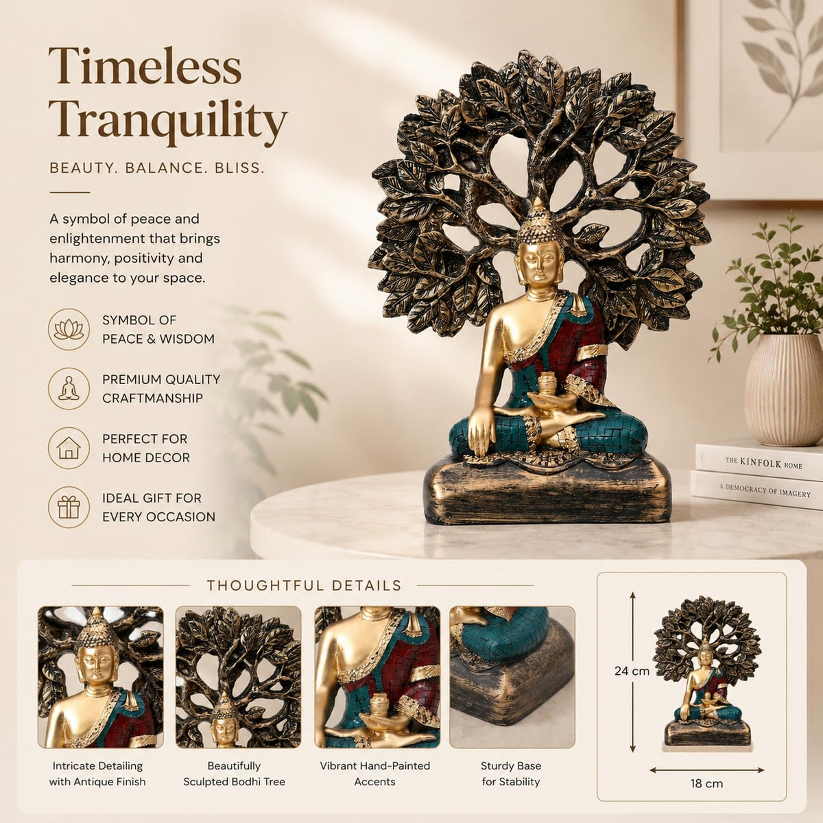 Handcrafted Buddha Showpiece with Tree for Home Décor (Pack of 1, Multi)