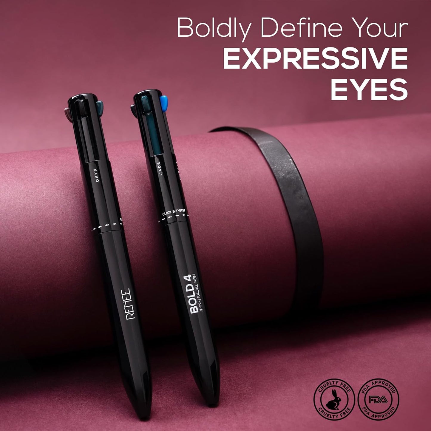 RENEE Bold 4-4-in-1 Kajal - Four Shades Black, Brown, Teal & Blue | Matte Finish | Rich Color Payoff | One-stroke Application | Travel Friendly | Easy to Use