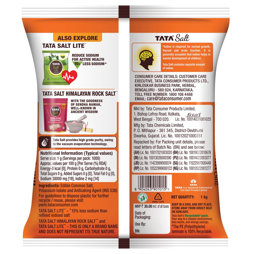Tata Salt 1 Kg, Free Flowing and Iodised Namak, Vacuum Evaporated, Salt in Fresh