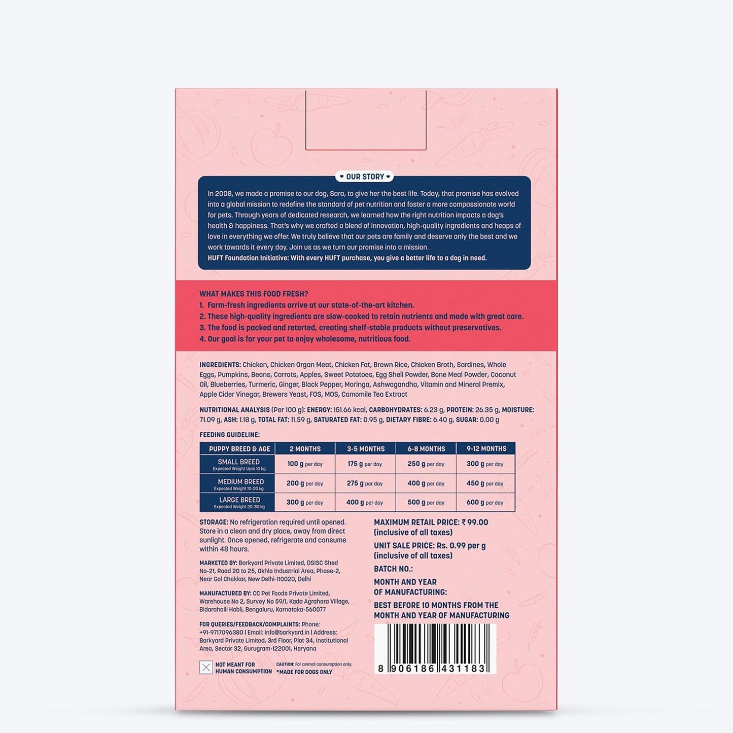 Sara's Wholesome by HUFT Chicken & Brown Rice Puppy Meal – 100 gm | Wet Nutrition for Growing Dogs | High-Protein Recipe with Real Meat | No Preservatives or Additives
