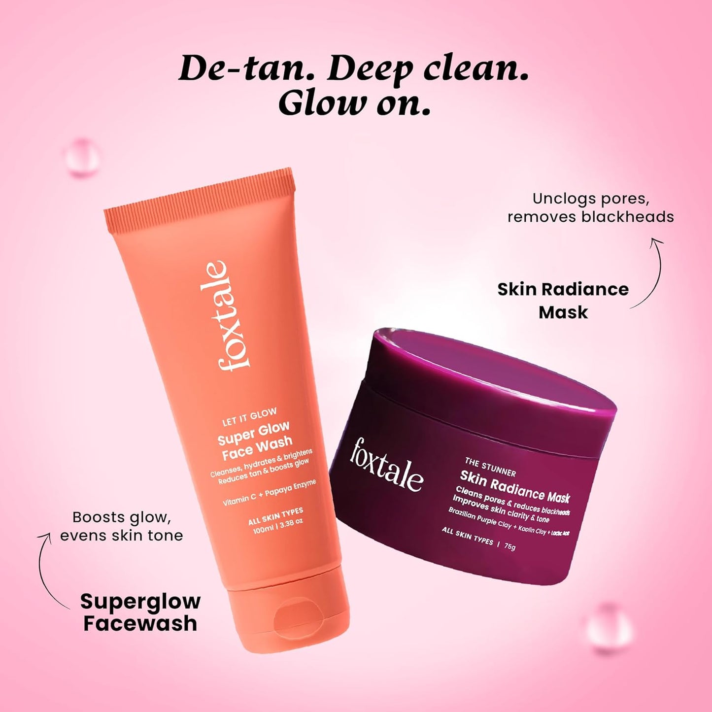 Foxtale Detan and Glow Duo – Face Wash + Skin Radiance Mask | Removes Tan, Brightens, Unclogs Pores | With Vitamin C, Papaya Enzyme, Lactic Acid & Clay | For Radiant, Even-Toned Skin