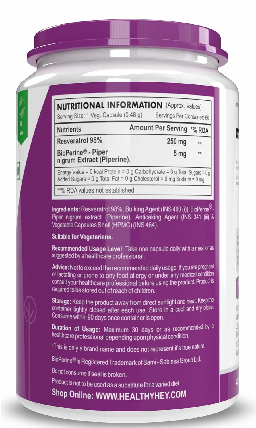Supplement container with purple label showing nutritional information and ingredients.