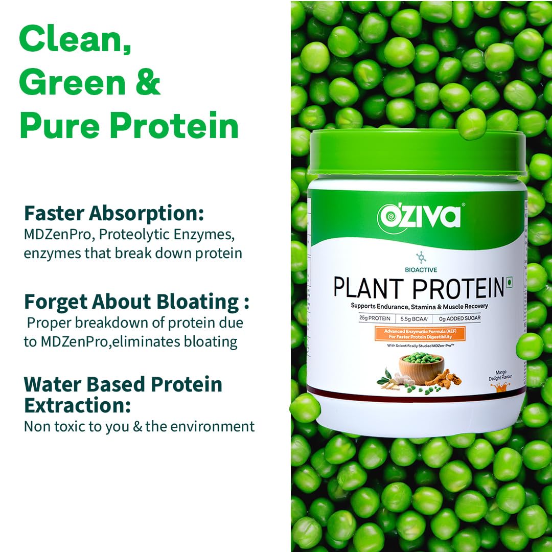 OZiva Bioactive Plant Protein | 25g Protein,5.5 BCAA| Pea Isolate| Plant based Protein Powder for Women & Men | Essential Amino Acids| Protein supplement, Clean, Sugar free, 500g