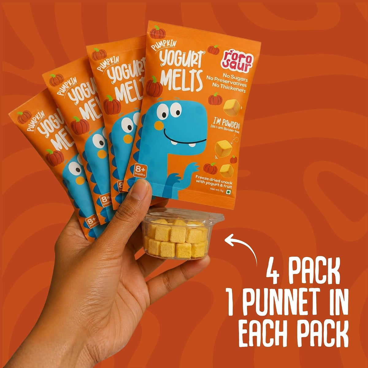 Rorosaur Baby Snacks - Melts with Yogurt and Fruit & Veggie for 8+ Months | 4 Packs of Pumpkin Melts | Finger Food for Toddlers | No Sugars, No Preservatives, No Binders | 4 Variants 5g each
