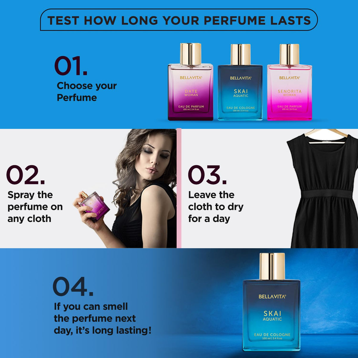 Promotional graphic for Bellavita Skai cologne with step-by-step guide on how to test perfume longevity.