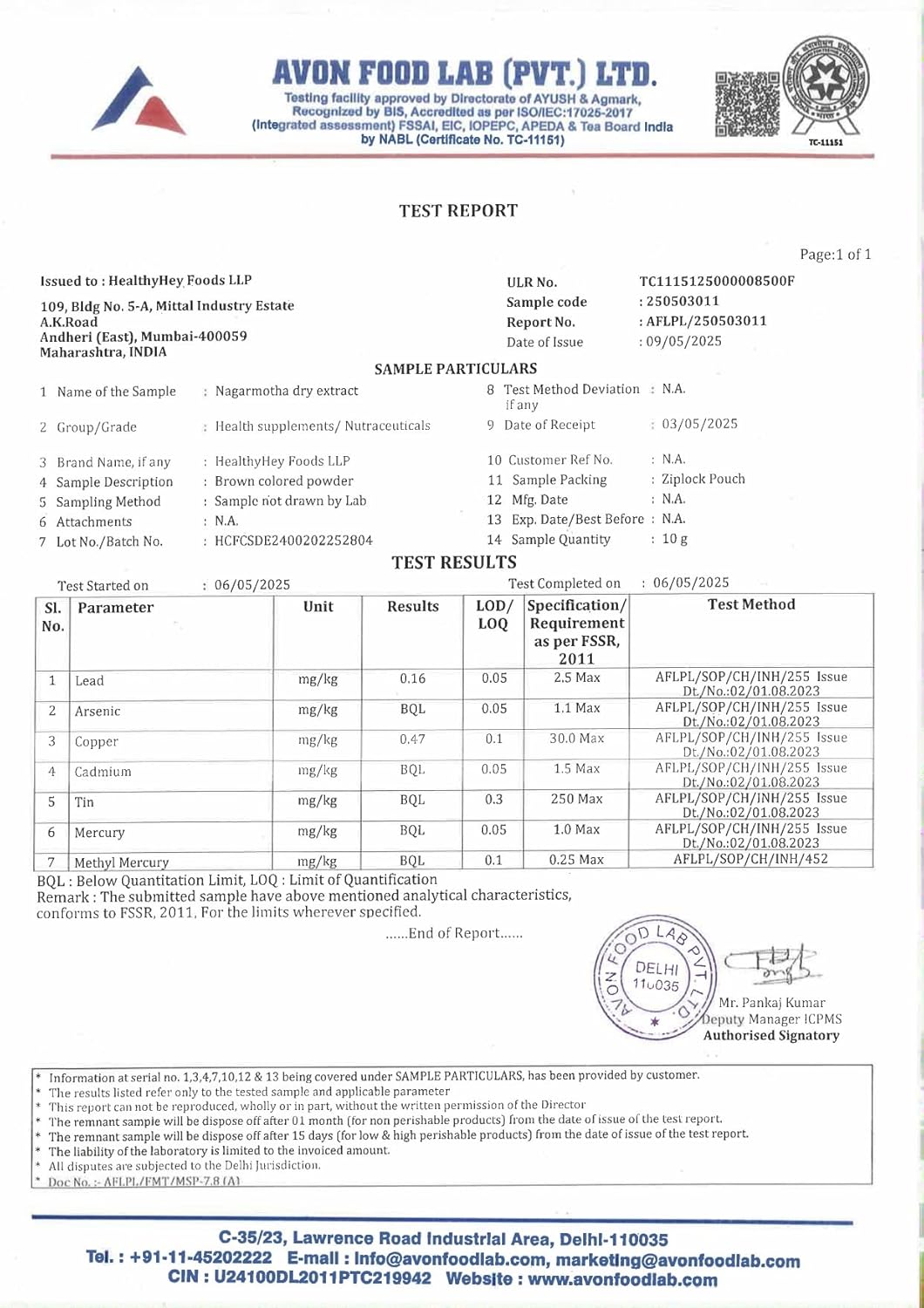 Avon Food Lab test report for Healthyplay Foods LLP, with various certifications and logos.