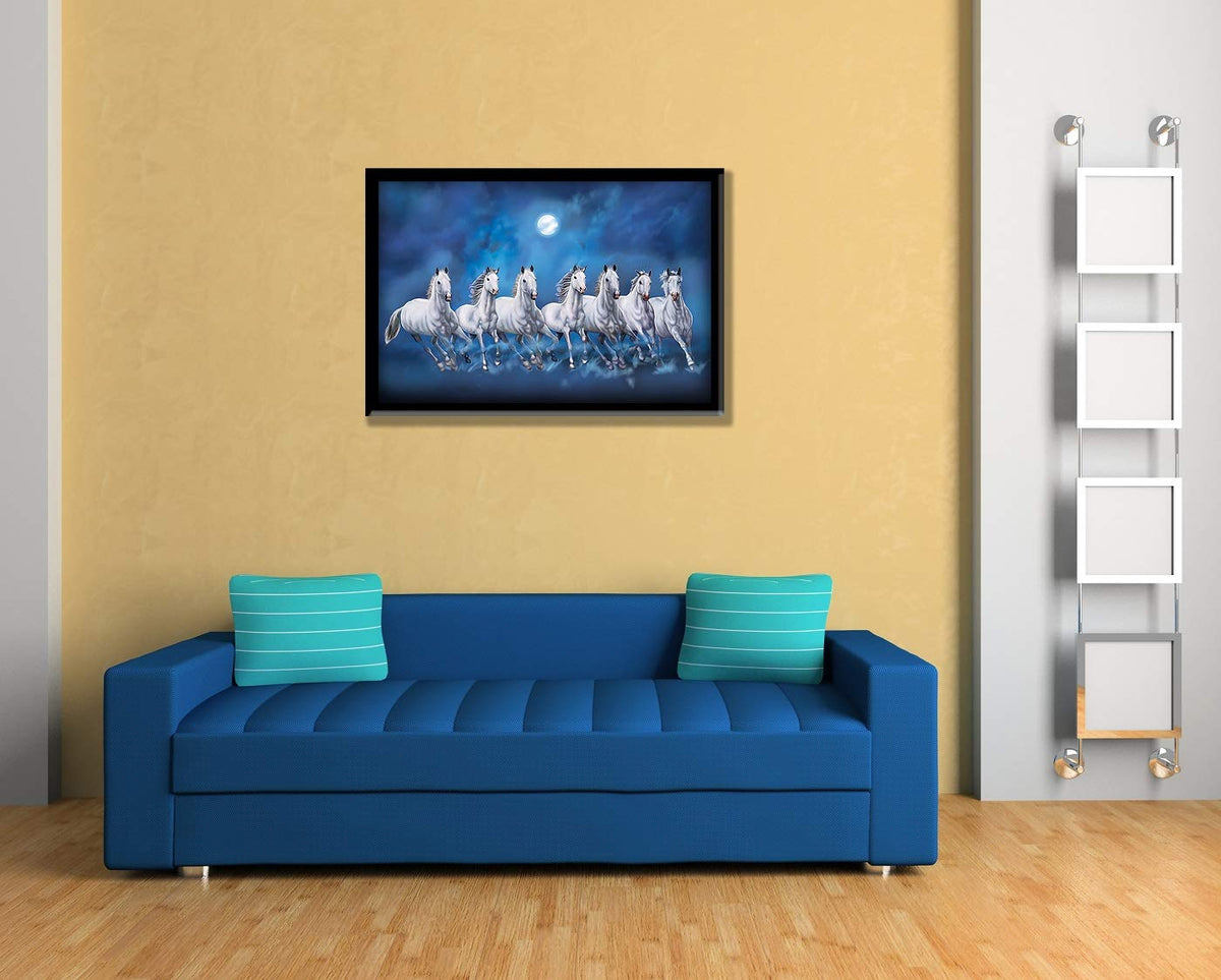 Seven Lucky Running Vastu Horses Art Framed Painting (Ocean Blue, 12 Inch x 18 Inch)
