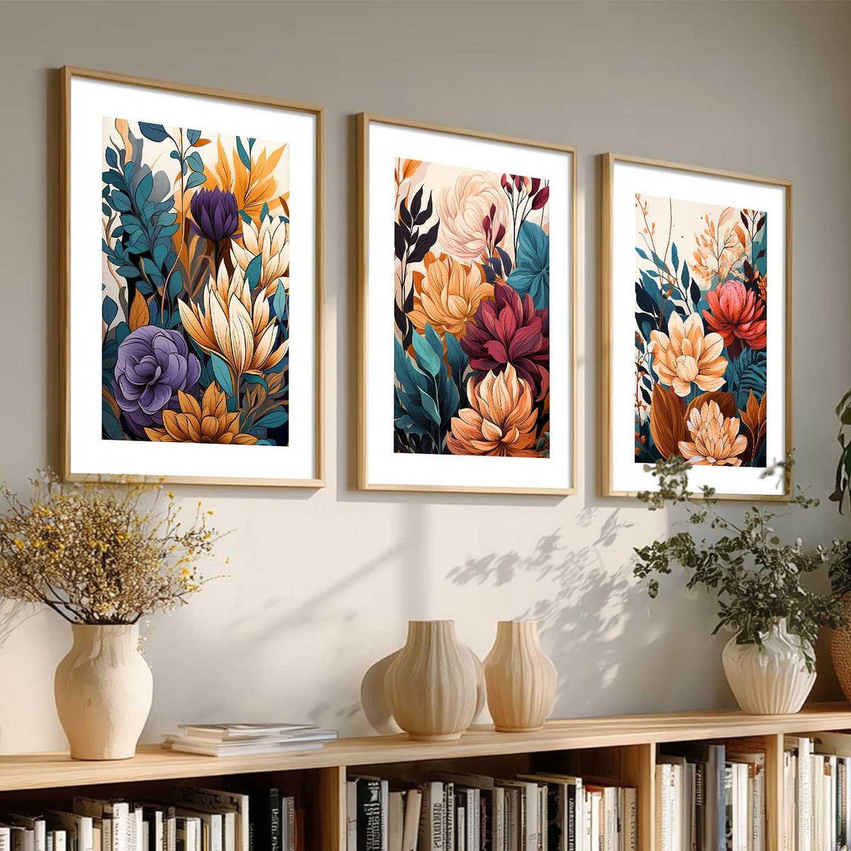 Floral Art Home Decoration Floral Paintings With Frame For Living Room Bed Room Hotel Wall Decor Digital Reprint Set of 3 (13x17 inch)
