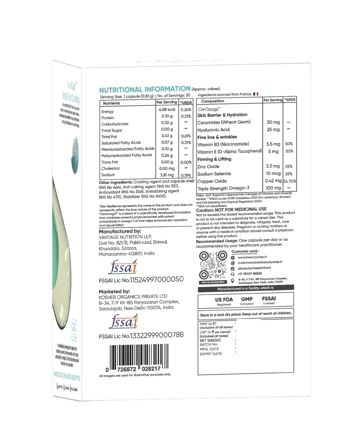 Beautywise Skin Resilience Combination Of Ceramides,Hyaluronic Acid & Astaxanthin In Omega-3|Oil Enriched With Vitamin C,E For Skin Moisture And Glowing Skin|30 Capsules (Pack Of 1),1 Count