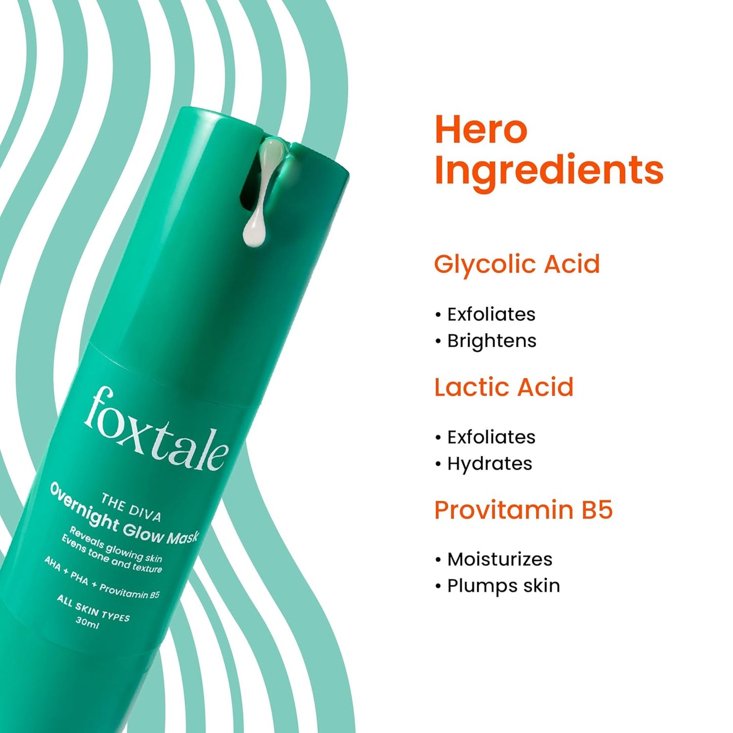 Foxtale Overnight Glow Mask | 4% Glycolic Acid | 3% Lactic Acid |Reduces Blackheads, Whiteheads | 30 Second Salon like Brightening Facial for Glowing Skin | Men & Women - 30ml