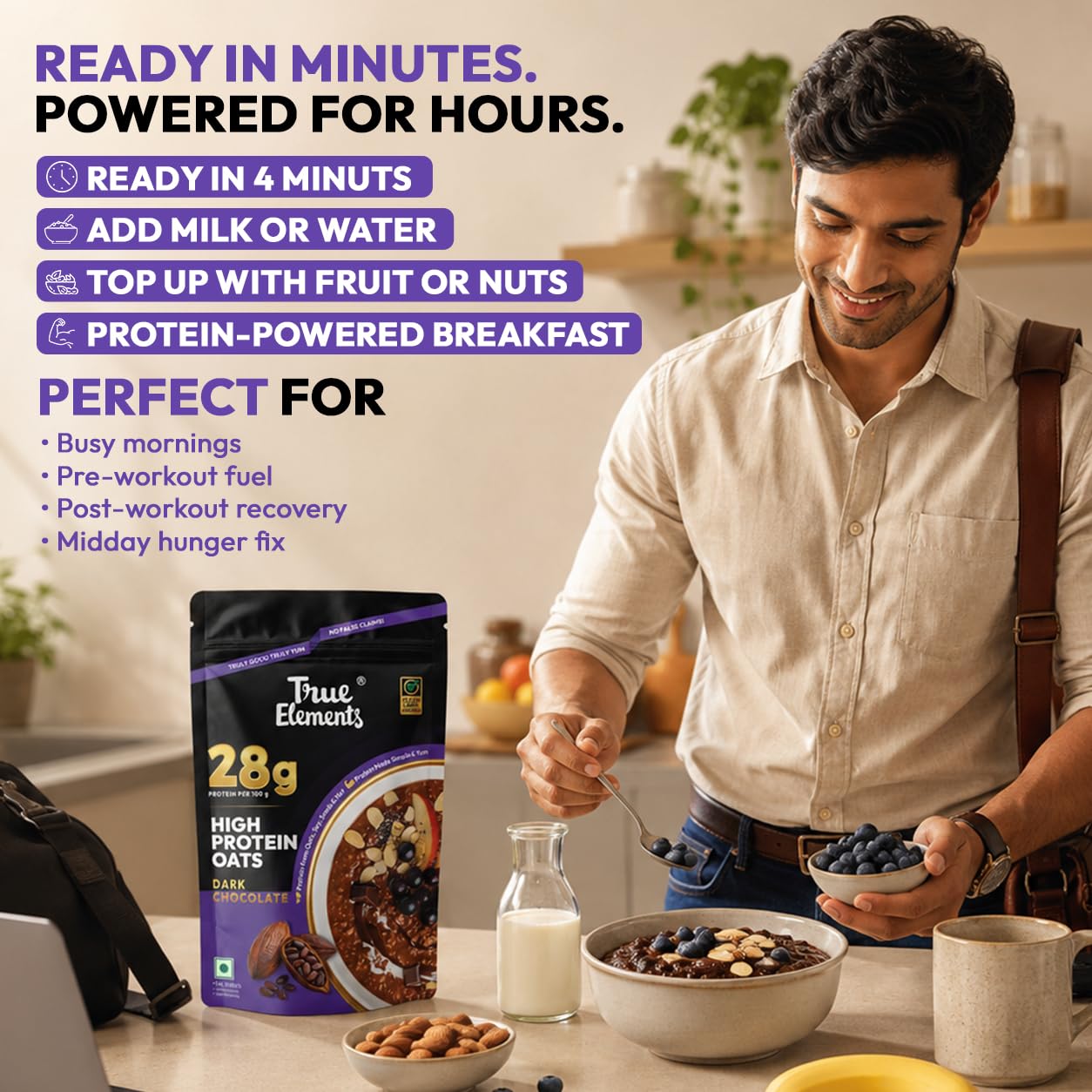True Elements 28g High Protein Oats 400g | High Protein Breakfast Oats with 28g Protein | High Fibre | No Added Sugar | Healthy Breakfast Cereal