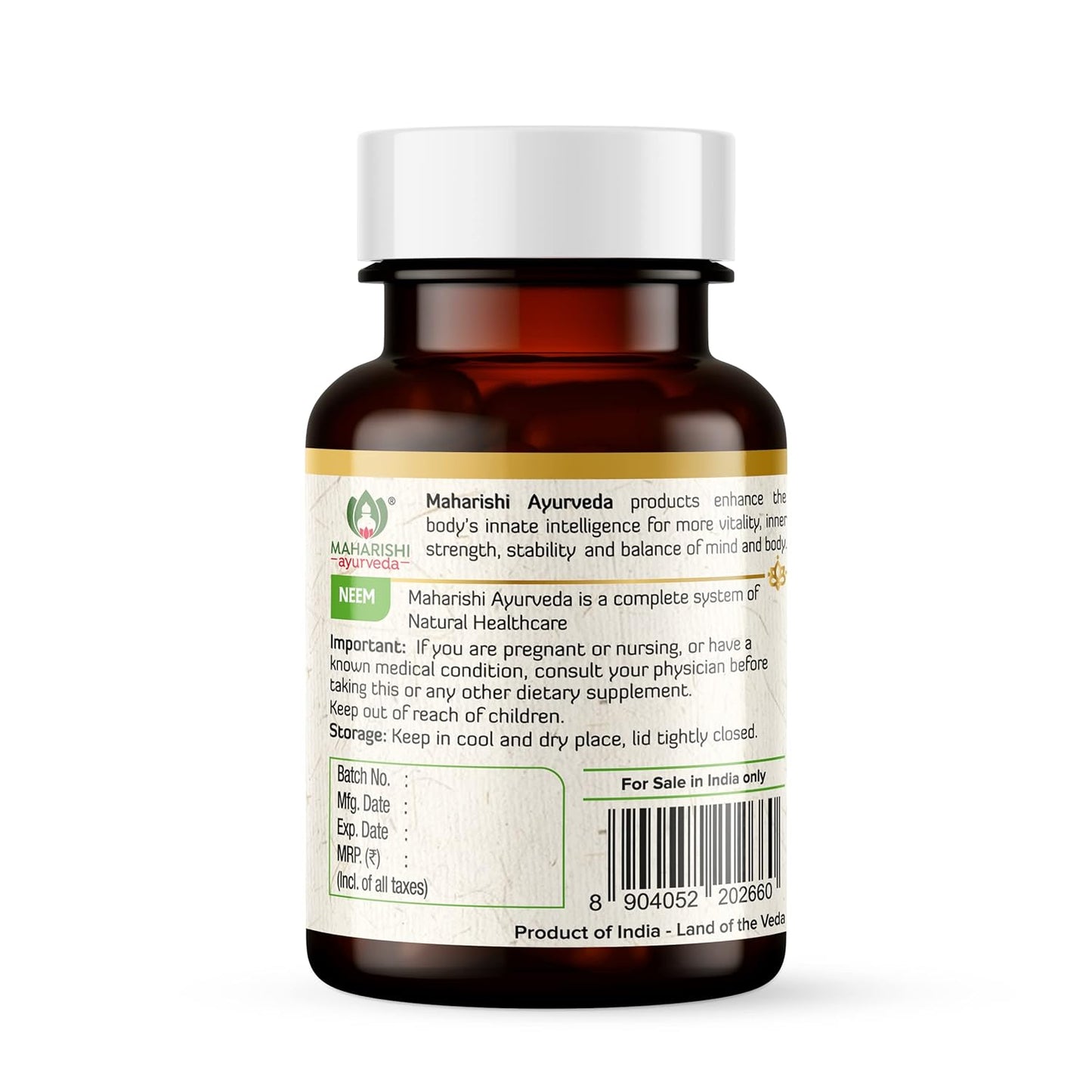 Zephivo Maharishi Ayurveda Organic Neem Tablets 500 MG | Improves Skin Health | Supports Detoxification| 100% Organic & Safe | 60 Tabs