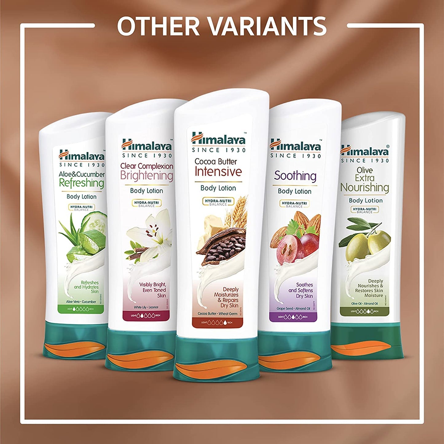 Himalaya body lotion variants on a brown background