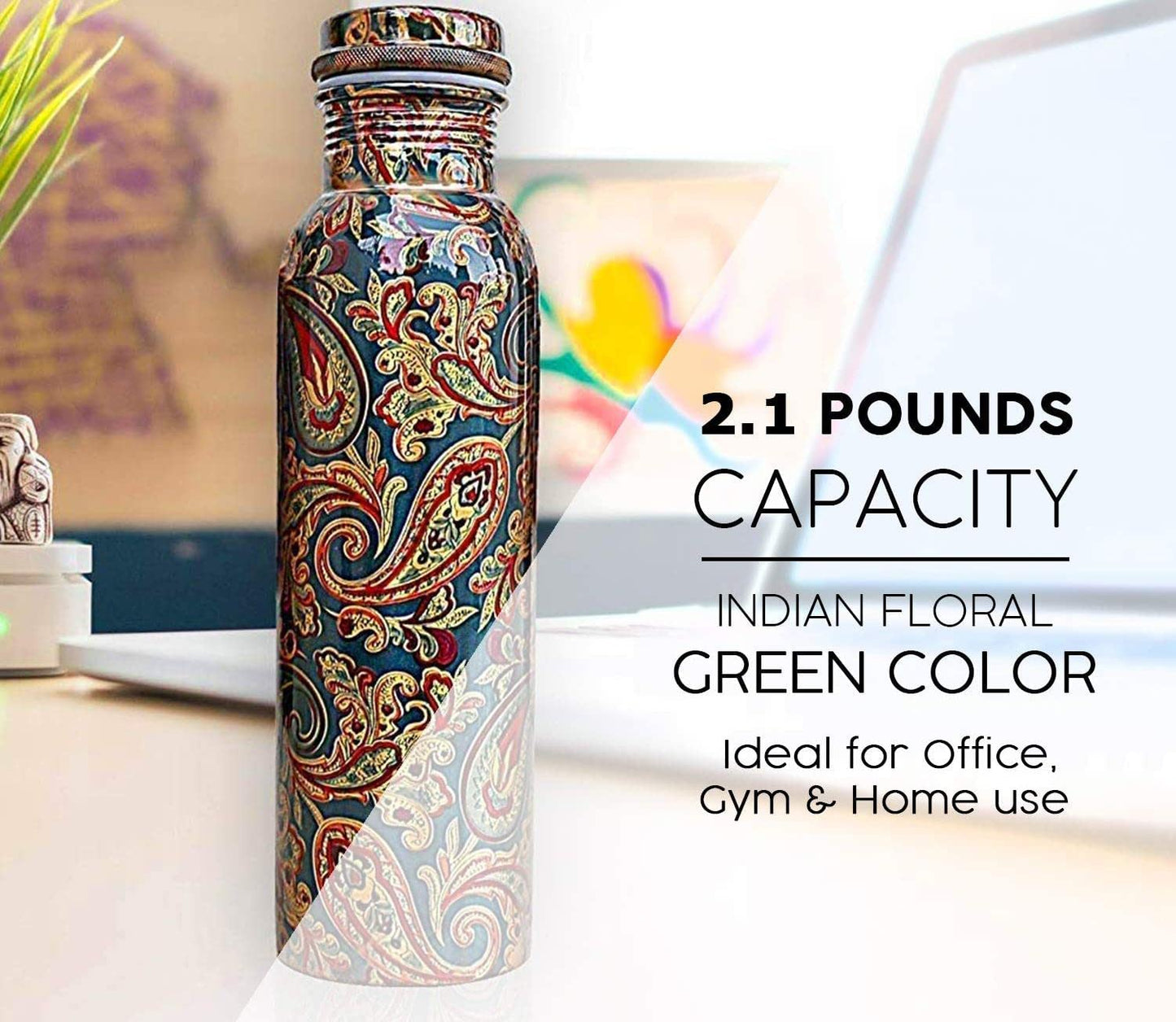 Colorful paisley-patterned water bottle with text about weight, capacity, and uses.