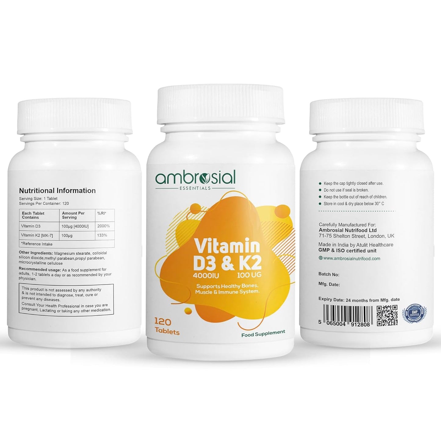 Ambrosial Vitamin D3 & K2 Tablets 4000IU Vitamin D3 + 100µg K2 MK-7 for Healthy Bones, Muscles, and to Support The Immune System - 120 Tablets