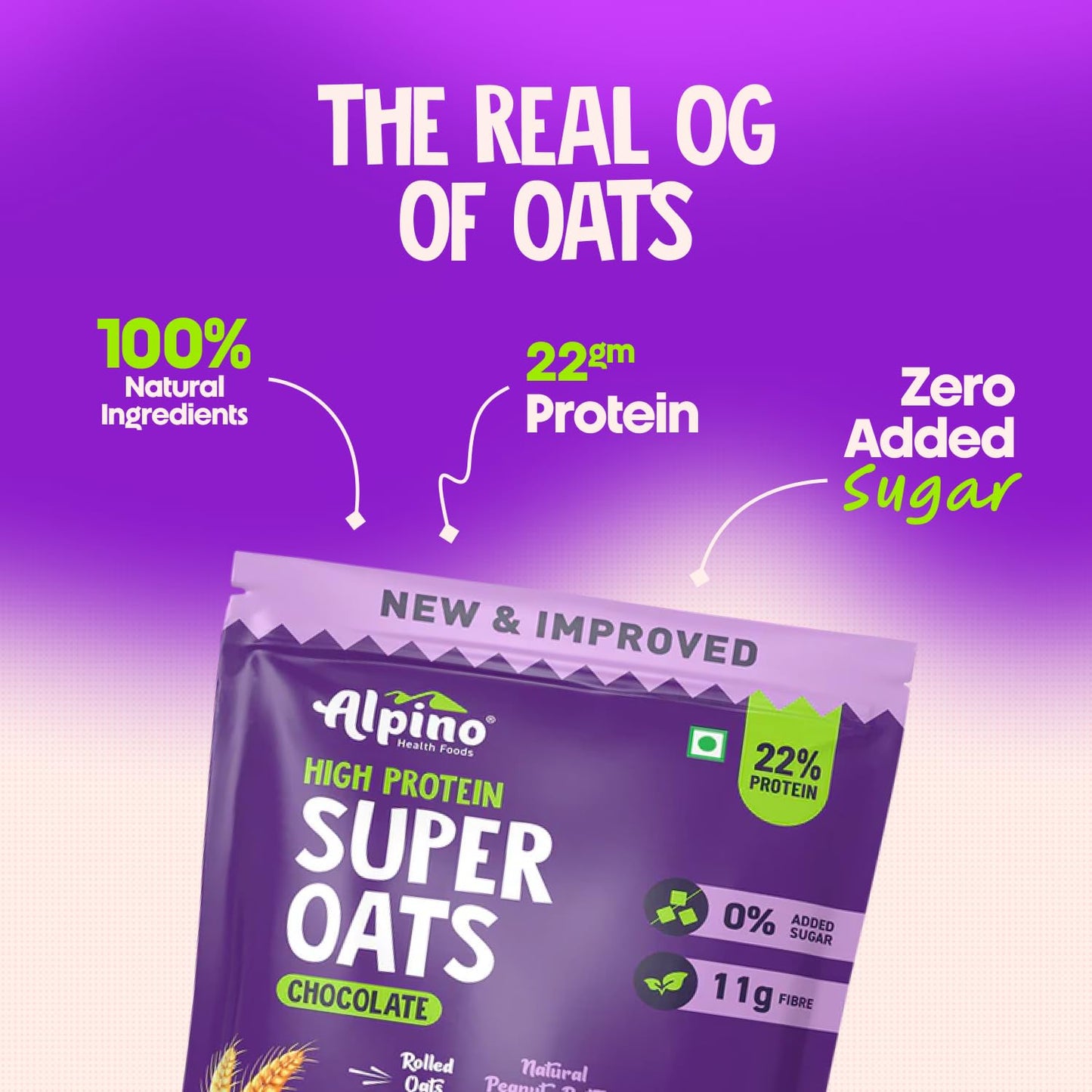 ALPINO 22% High Protein Super Oats Chocolate 400g – Rolled Oats, Natural Peanut Butter, Cocoa Powder, Nuts & Seeds – 22g Protein, Source of Dietary Fibre & Healthy Fats, No Added Sugar & Salt