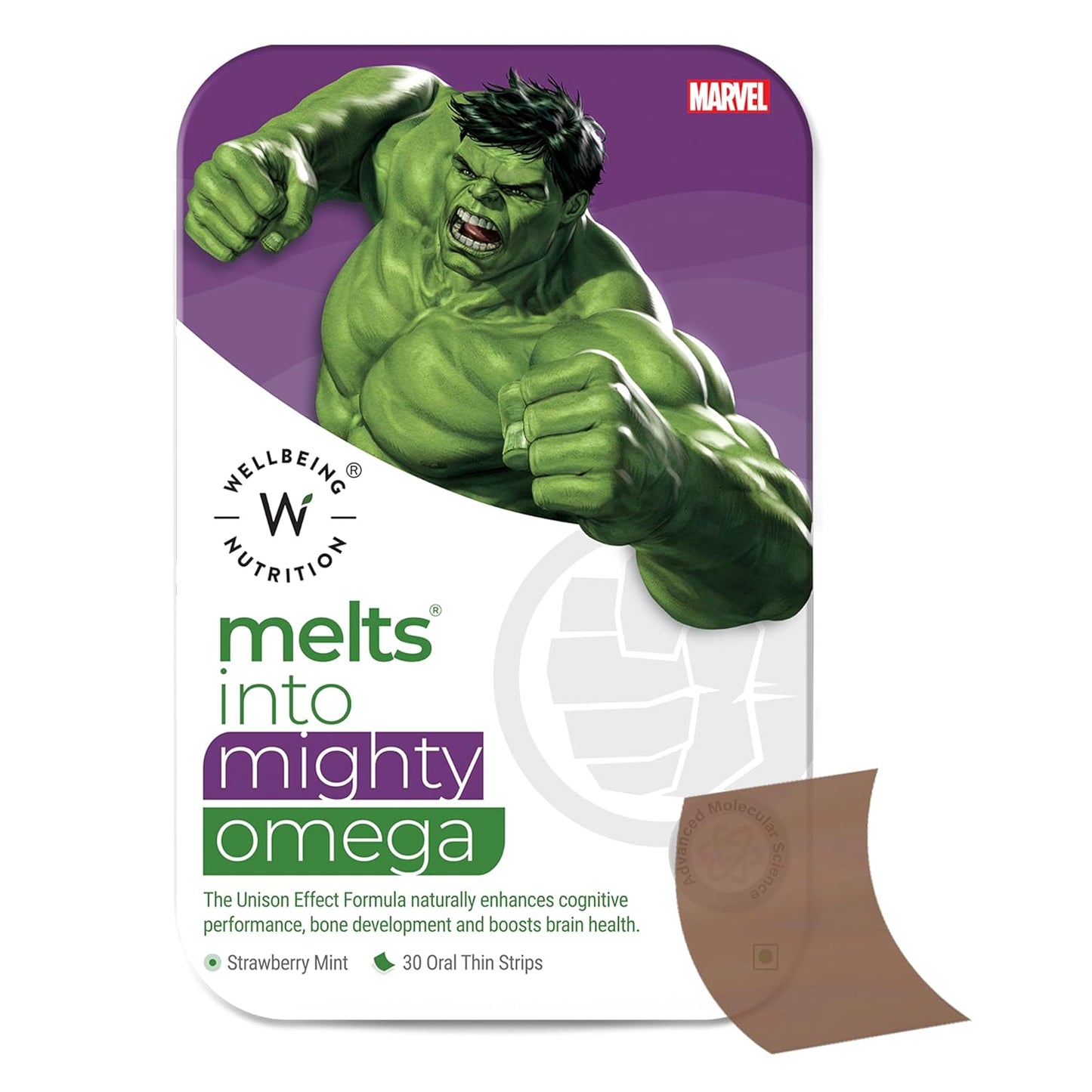 Wellbeing Nutrition Marvel Hulk Melts | Vegan Omega 3 for Kids (6+) Supports Brain Development, Concentration, Eye & Heart Health | Algae Omega 3 EPA DHA | Strawberry Mint Flavor (30 Oral Strips)