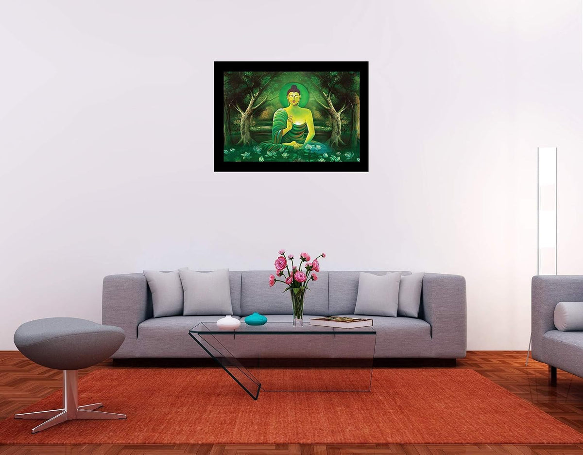 Wood Blessing Buddha Art Framed Painting with Ready to Hang, adds Soothing Effect to Environment (Wooden Frame, 12inch x 18 inch)