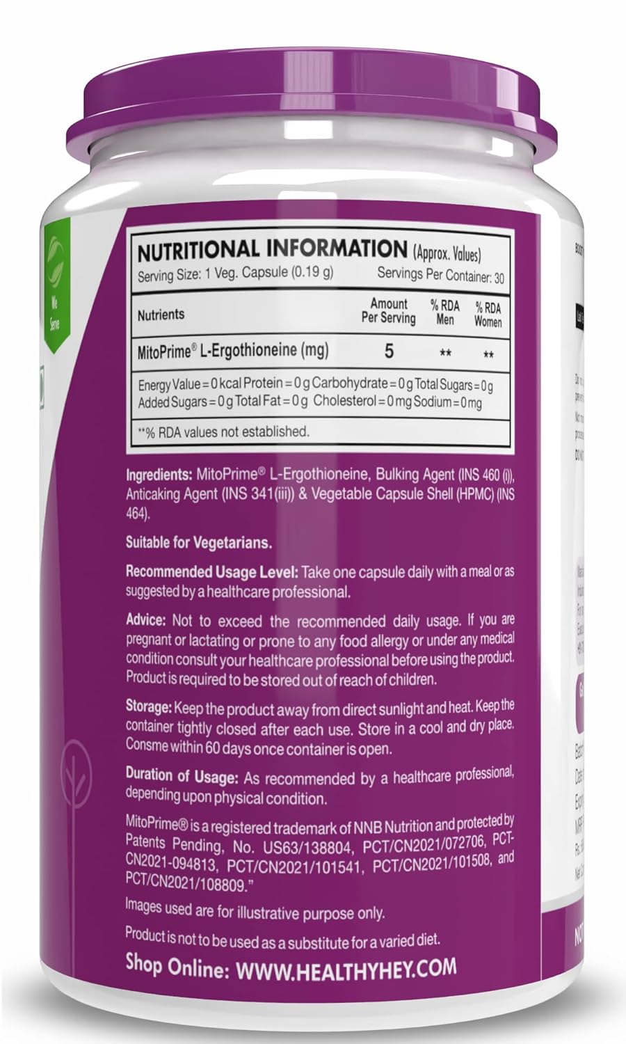 Nutritional information label on a supplement container with a purple label.