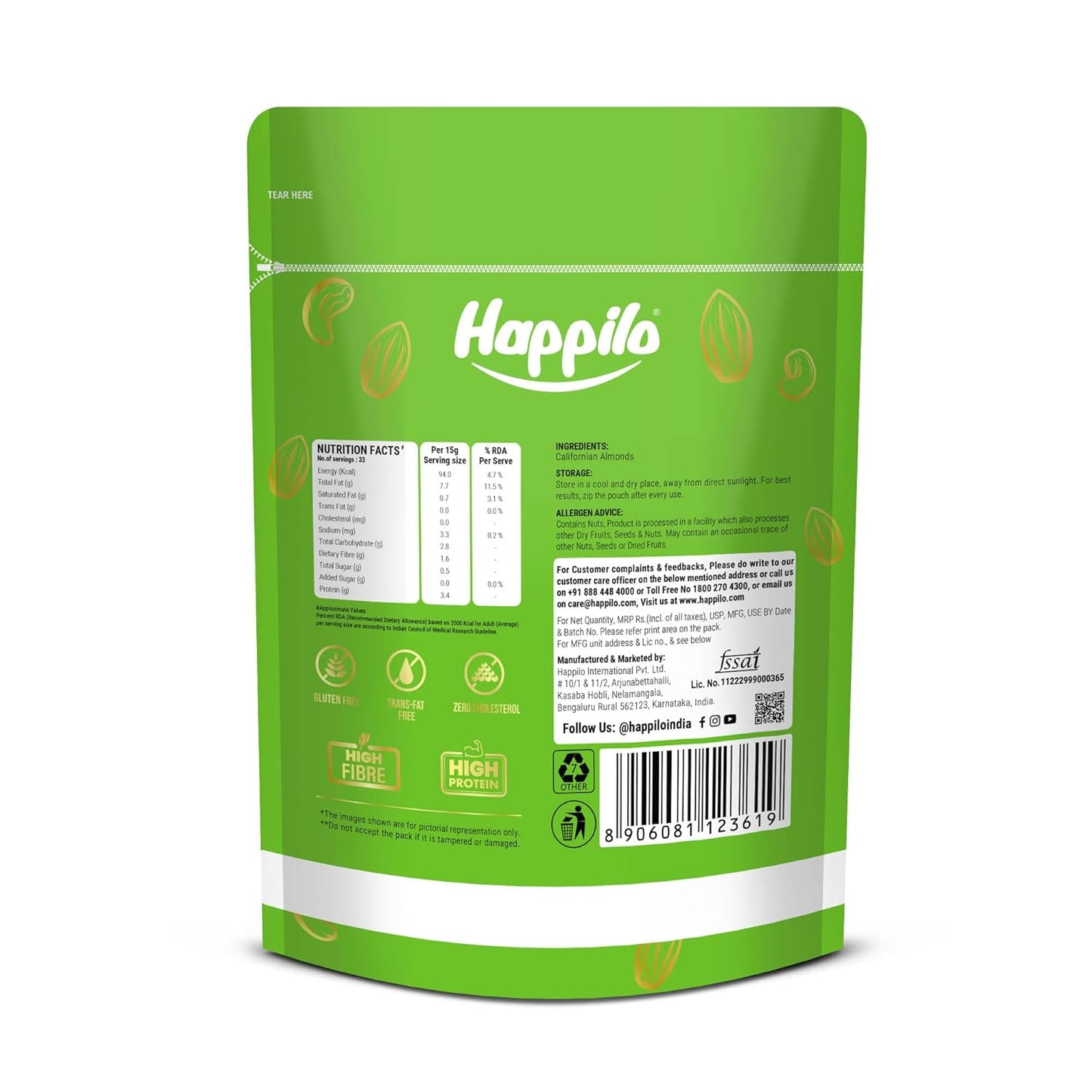 Happilo Premium Natural Californian Almonds 500g | Badam Giri, Healthy Snacks, Dry Fruits | Crunchy Nuts | High in Fiber | Rich in Protein | Magnesium | Phosphorus | Dietary Fibre | Zero Cholesterol