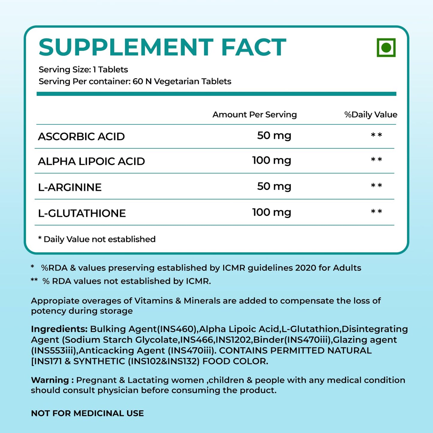 Herbal Max L-Glutathione Tablets for Skin Whitening 60 Tablets | With Vitamin C & Antioxidants | Supports Glowing, Hydrated & Youthful Skin | Unisex Supplement