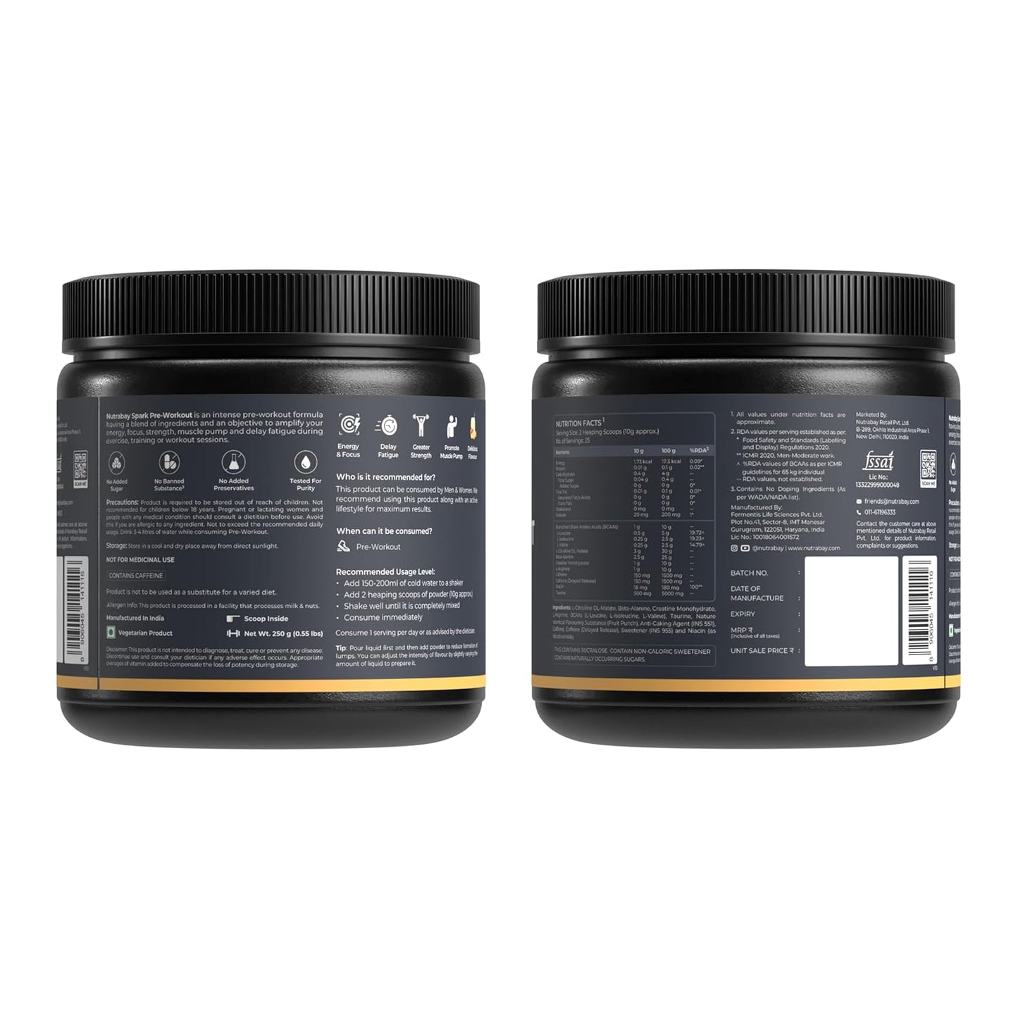 Two black containers with labels on a white background