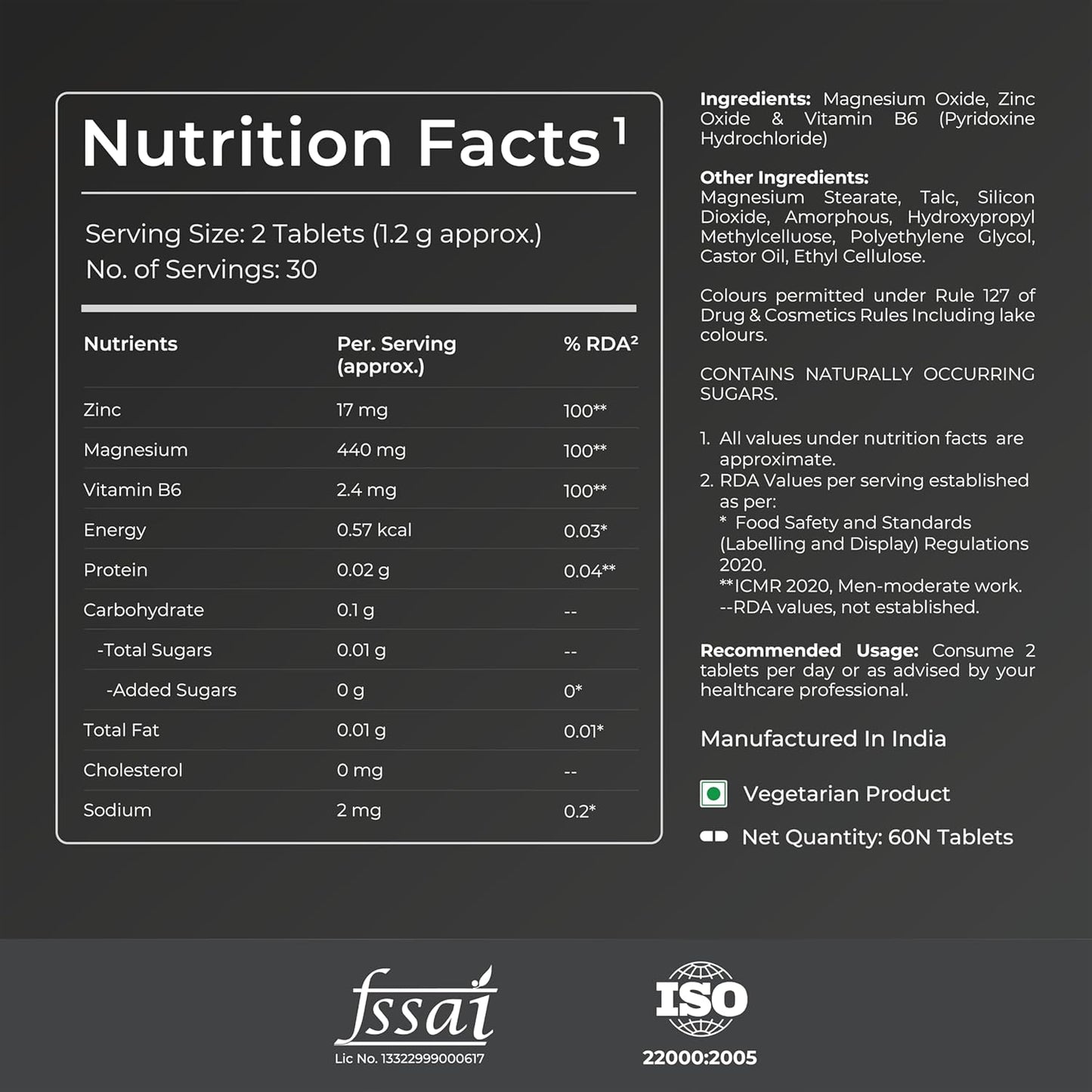 Nutrition facts label with FSSAI and ISO logos on a dark background