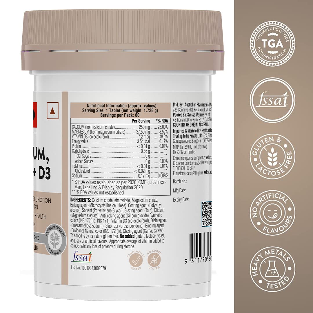 Zephivo Swisse Magnesium, Calcium+D3 Supports Muscle Function, Energy & Bone Health (Manufactured In Australia) - 60 Tablets (1 Tablet Per Serving)