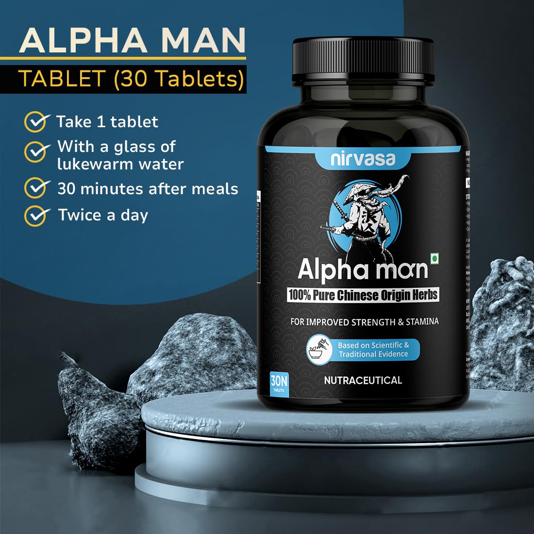 Nirvasa Alphaman Tablet, 100% Pure Chinese Origin Herbs for Improved Strength and Stamina, enriched with Horny Goat Weed, Tribulus Terrestris, Maca Root, Piperine Vegeterian 30 Tablet