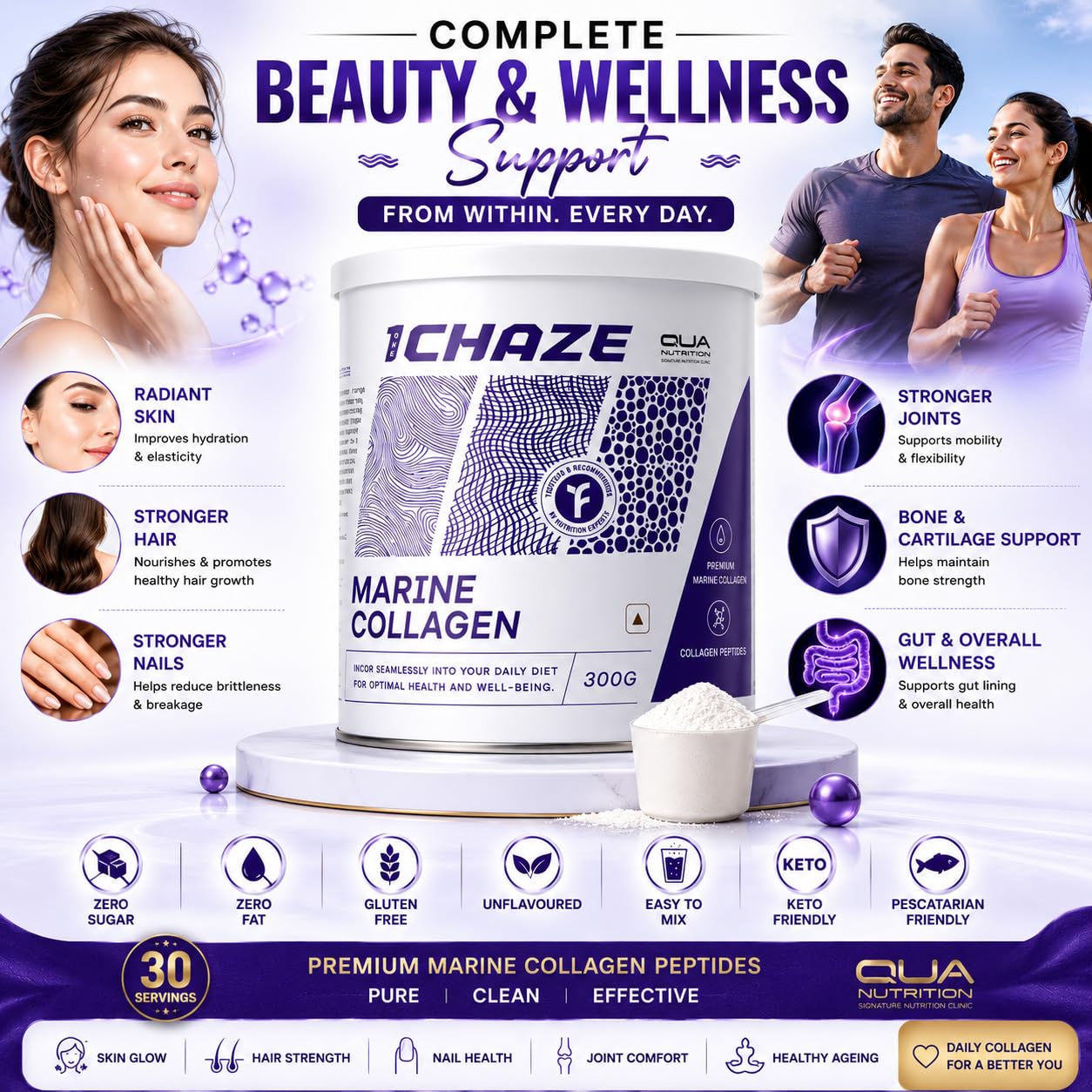 QUA Nutrition 1Chaze Marine Collagen Powder | Natural Collagen Supplements for Women & Men | Type 1 Peptides for Skin, Hair, Nails, Joints | Gluten-Free, Zero Sugar, Keto Friendly | 10g x 25 Servings