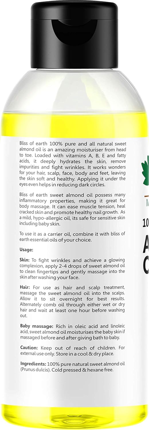 Bliss of Earth� 100% Pure & Natural Sweet Almond Oil (Coldpressed & Unrefined) Extracted From Whole Almond Kernels (100ML)