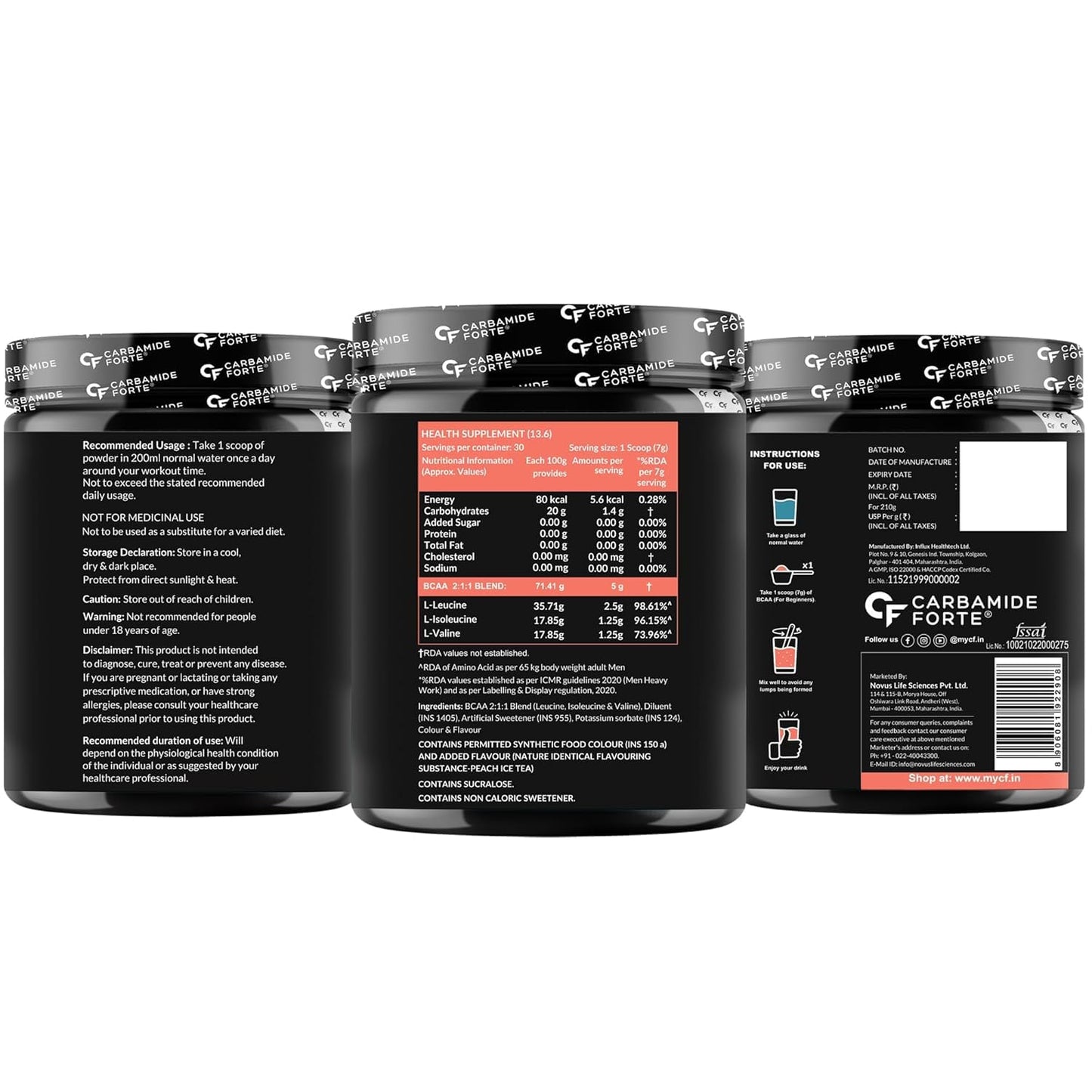 Carbamide Forte BCAA Powder 5000mg | 2:1:1 Ratio BCAA Supplement for Men & Women | Muscle Recovery & Growth | Pre & Intra Workout | Peach Ice Tea Flavour β 210g