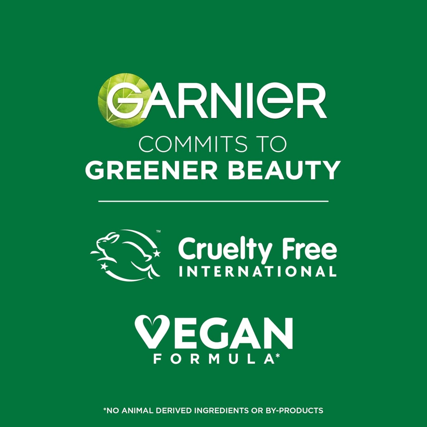 Garnier commitment to greener beauty with cruelty-free and vegan certification logos on a green background.