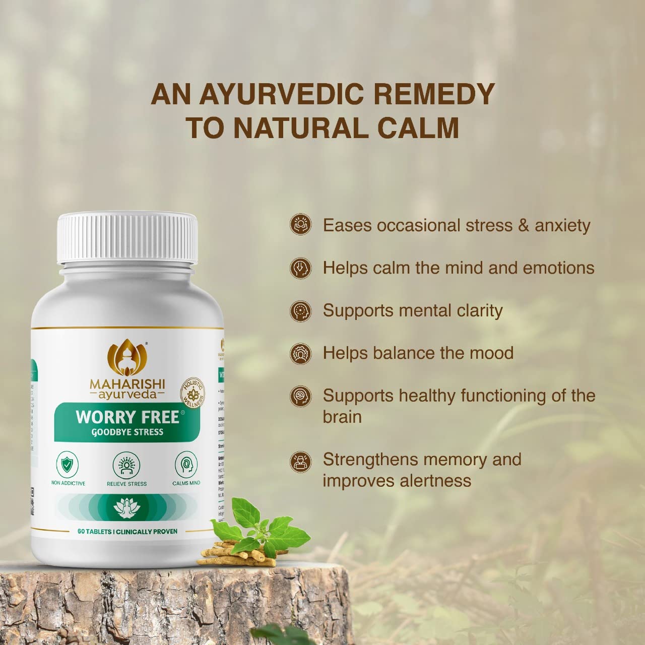 Zephivo Maharishi Ayurveda Ashwagandha Worry Free Ayurvedic Tablets, Help Keeps The Mind And Body Calm And Relaxed Non Addictive 60 Tablets