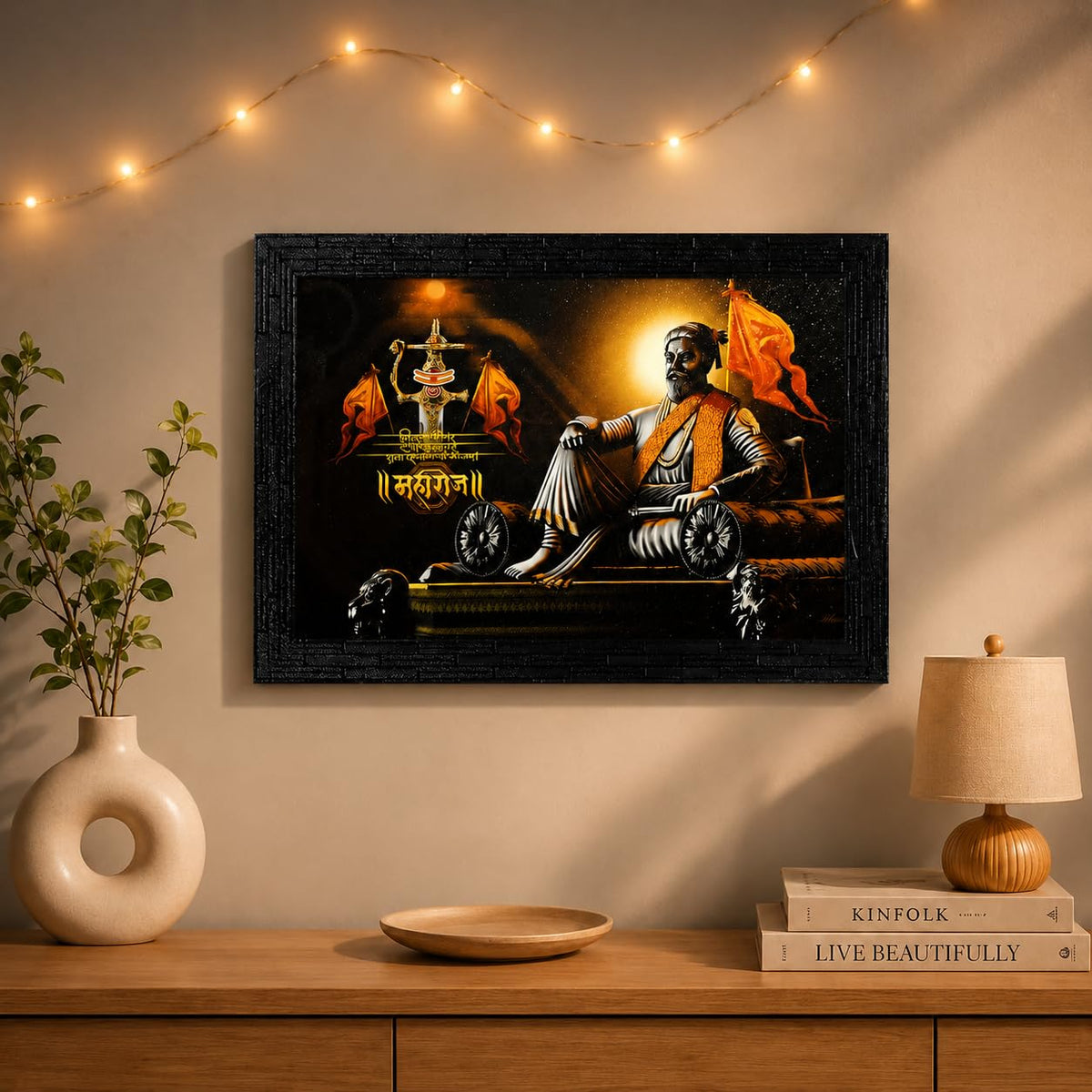 Wooden framed Painting of Shri Shivaji Maharaj | Ready to Hang- (Wooden Frame, Multicolor, 14 inch x 10 inch)