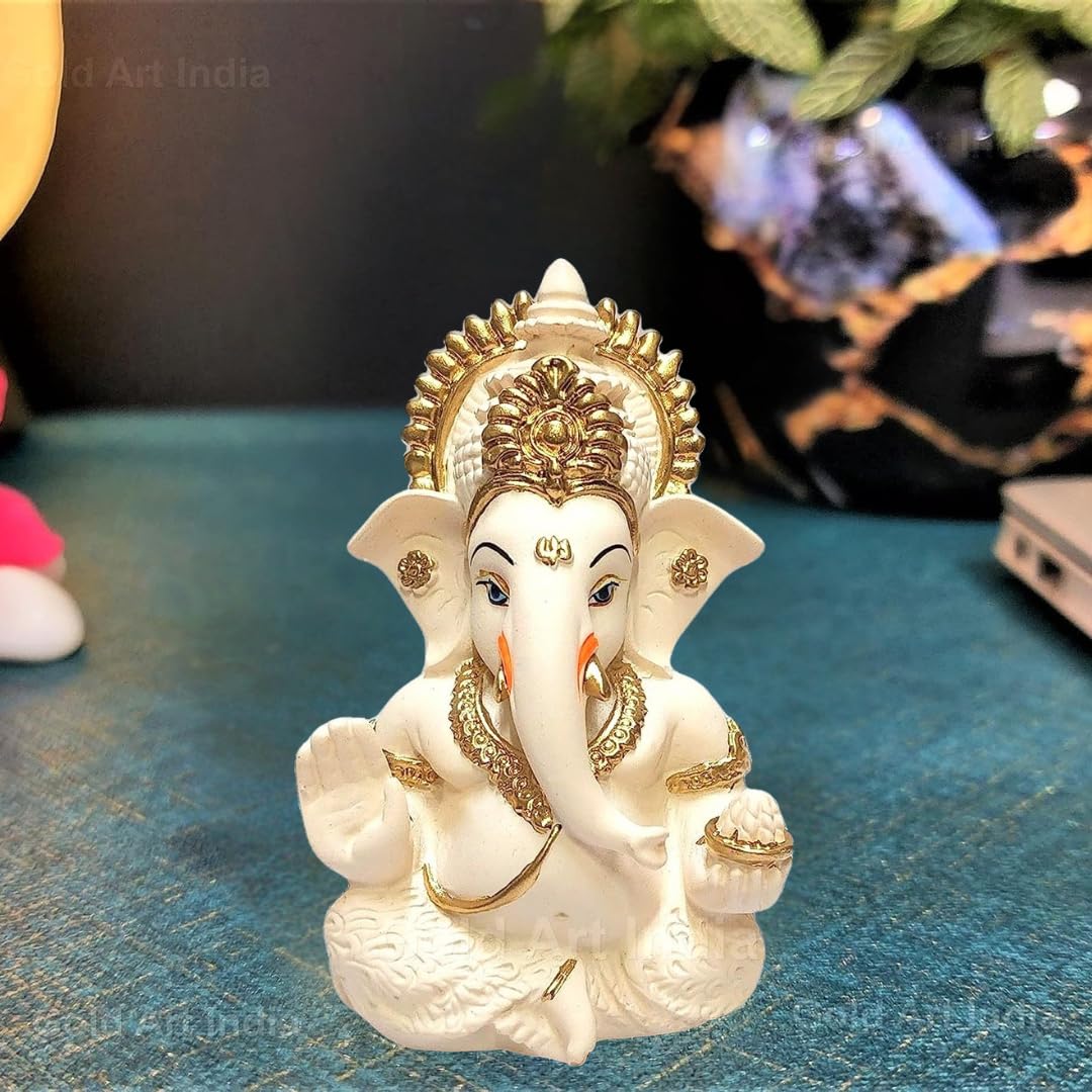 Gold Art India Peach Terracotta Colour Golden Paint Work Vinayaka Idol Car Dashboard Idol Ganesha Murti Ganpati Idol for Home Decor Puja Lord Ganesh Statue Gift for Office Desk Puja Room Figurine