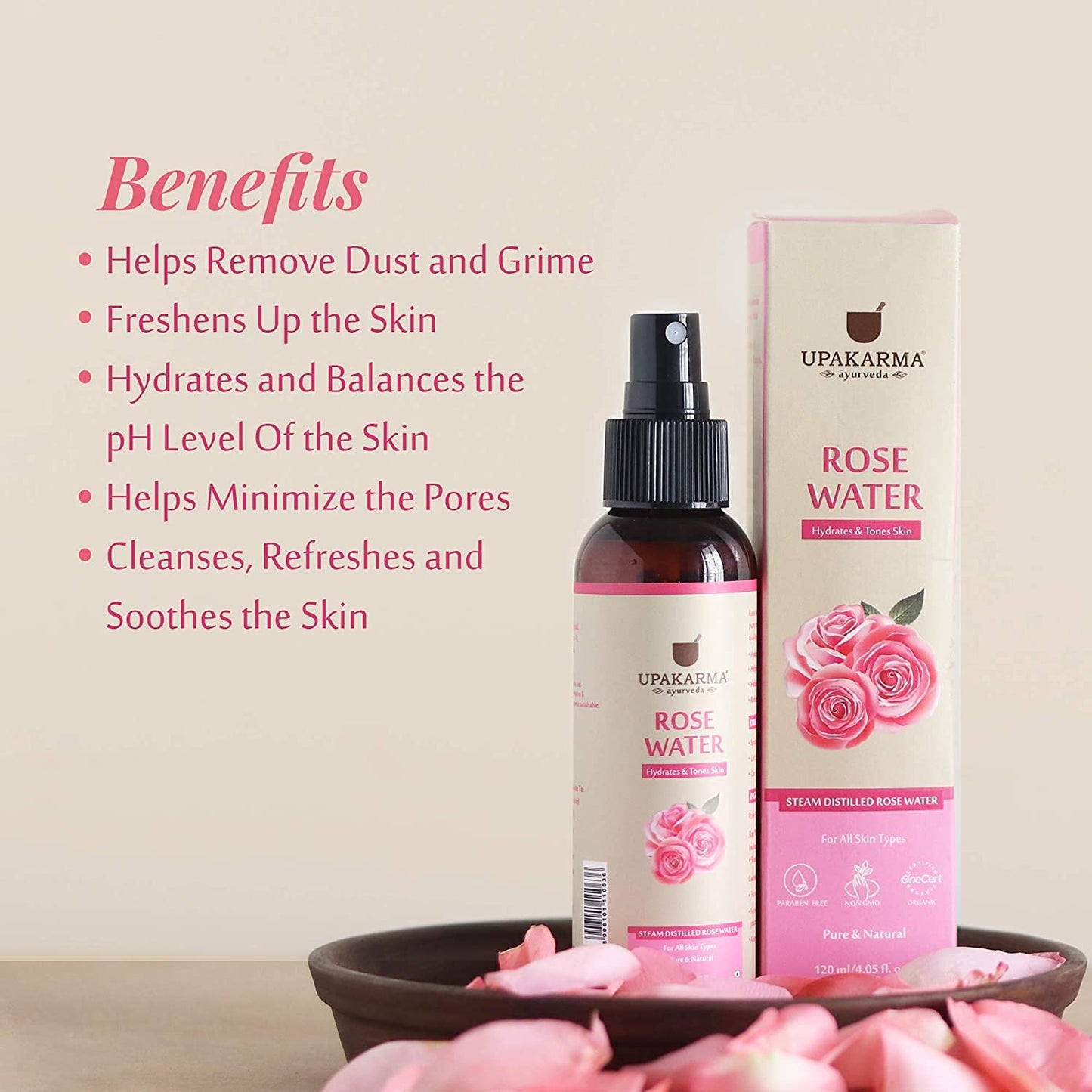 UPAKARMA Rose Water | Pure Steam Distilled Gulab Jal | 120ml