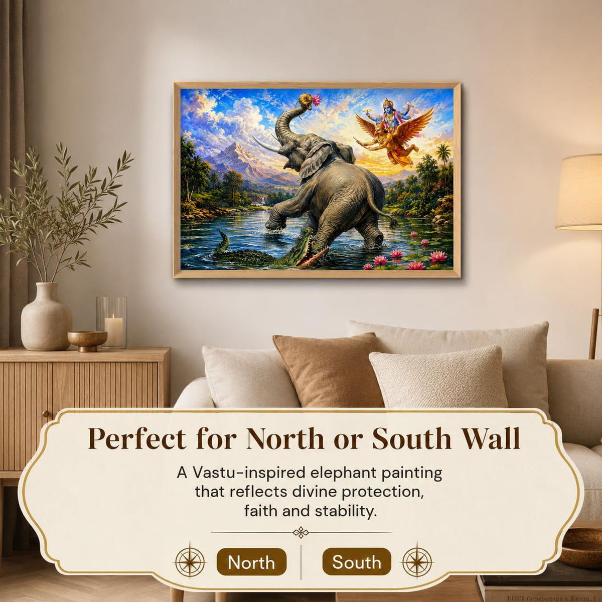 Gajendra Moksha Lord Vishnu Vastu Wall Painting for Living Room Bedroom Hall Office Decor, Hindu Devotional Artwork, Premium Wooden Synthetic Frame (13.5 x 19.5 Inch) NM01-V-181