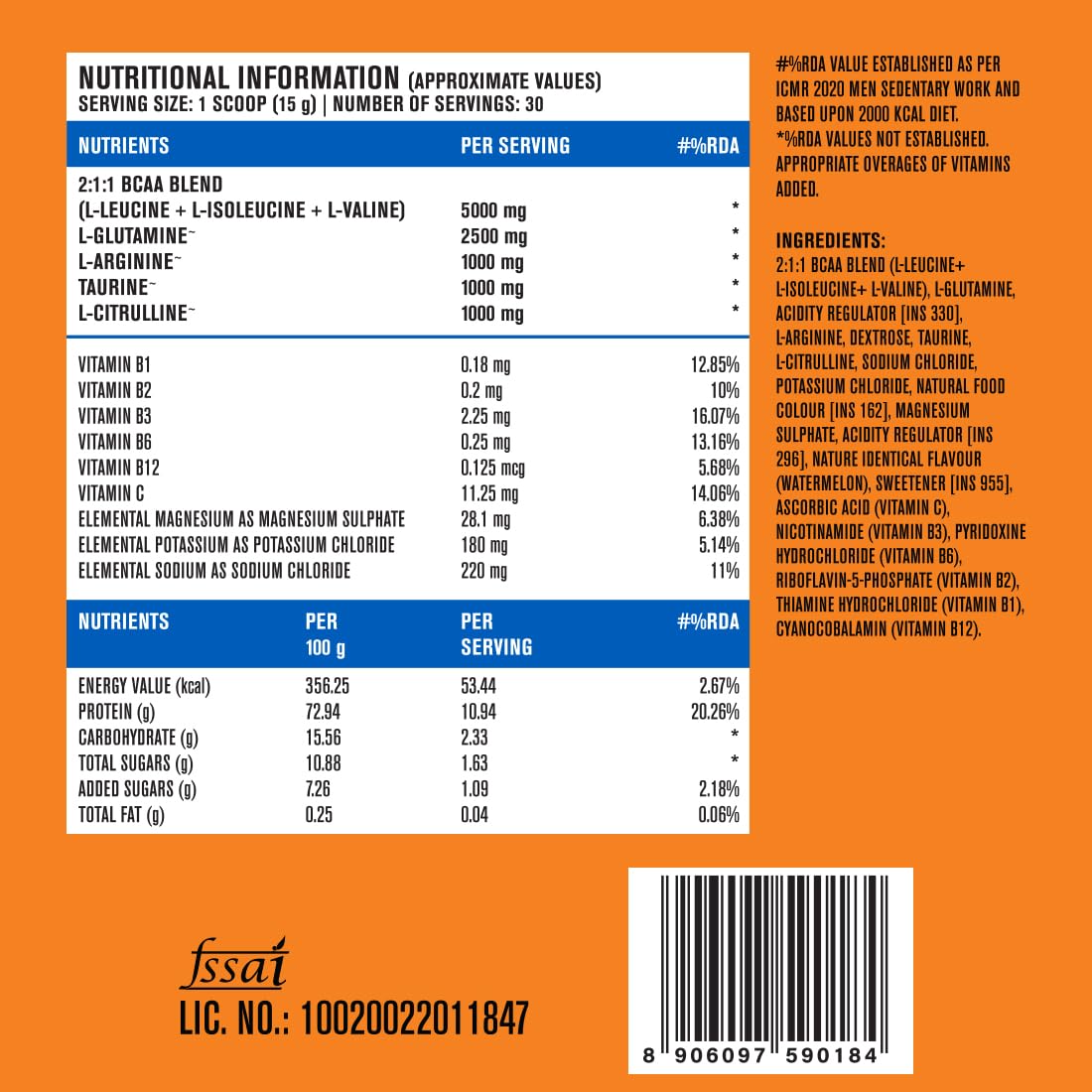 FAST&UP BCAA Watermelon Flavour Advanced BCAA Supplement with Glutamine, Citrulline, L-Arginine & Taurine - Pre/Post Workout & Intra Workout Supplement Powder for Adults(450gm, 30 Servings)