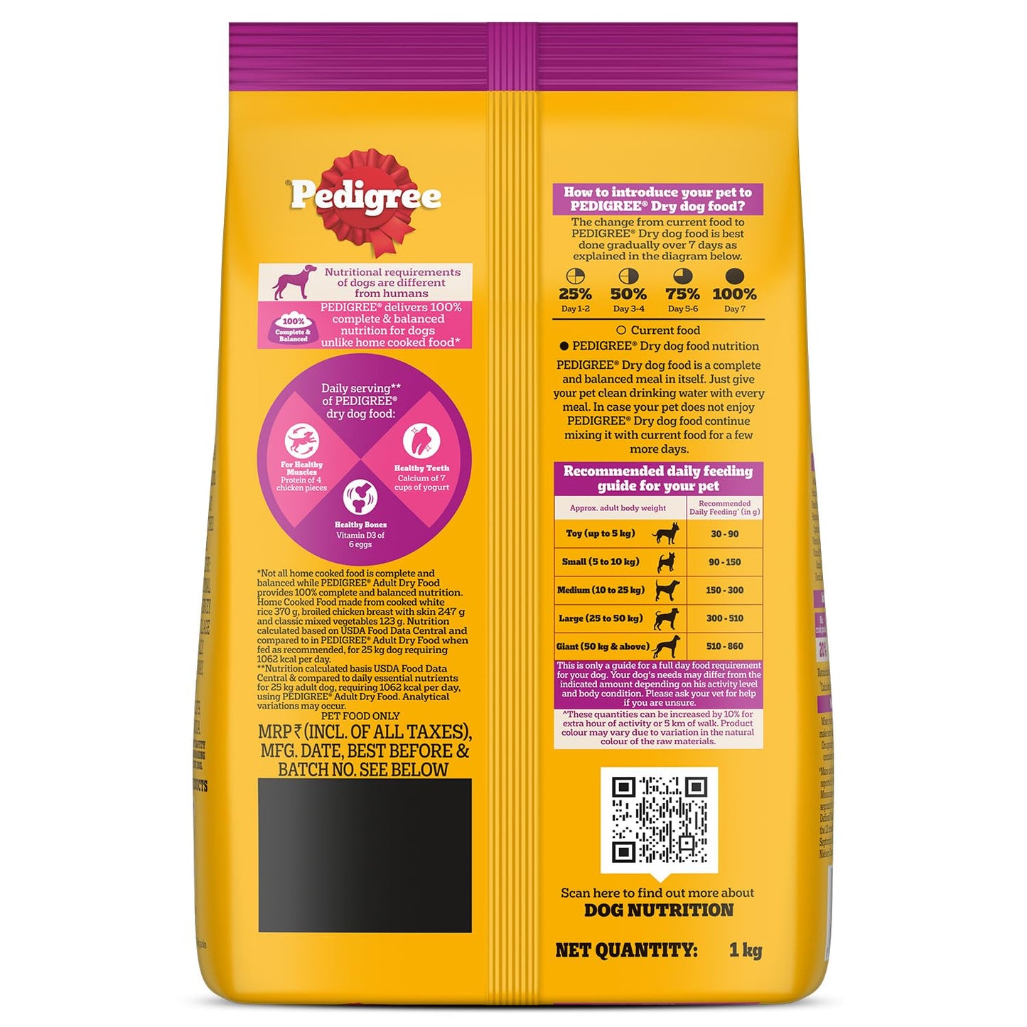 Pedigree Adult Dry Dog Food, New Chicken Biryani Flavour, 1 kg, Protein of 4 Chicken Pieces, Vitamin D3 of 6 Eggs, Calcium of 7 Cups of Yogurt, 100% Complete and Balanced Nutrition