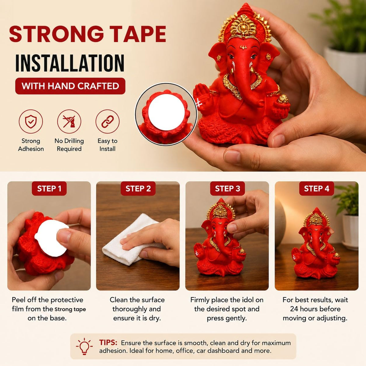 Premium Lord Ganesha Idol for Car Dashboard | 3.5 Inch Resin Ganpati Murti | Elegant Home & Office Decor Showpiece Red SIA486