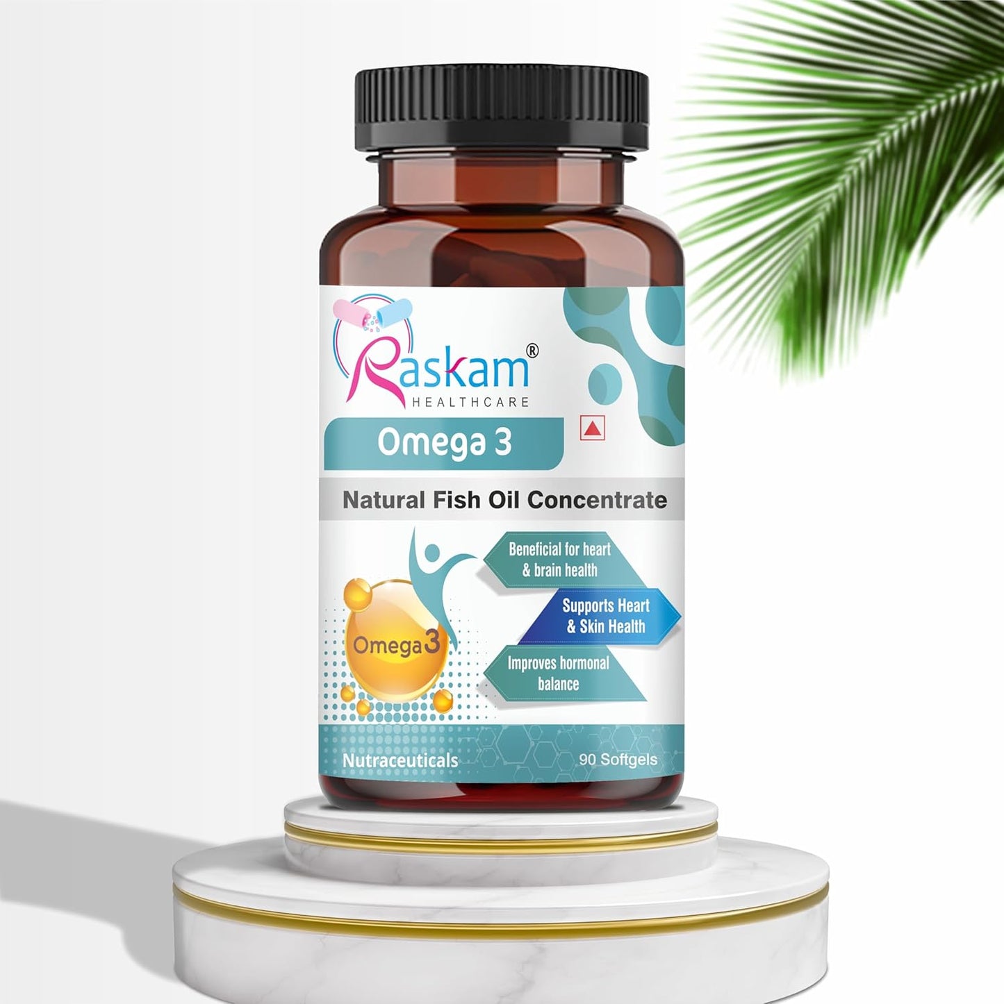 Omega 3 supplement bottle with Raskam Healthcare label on a white background