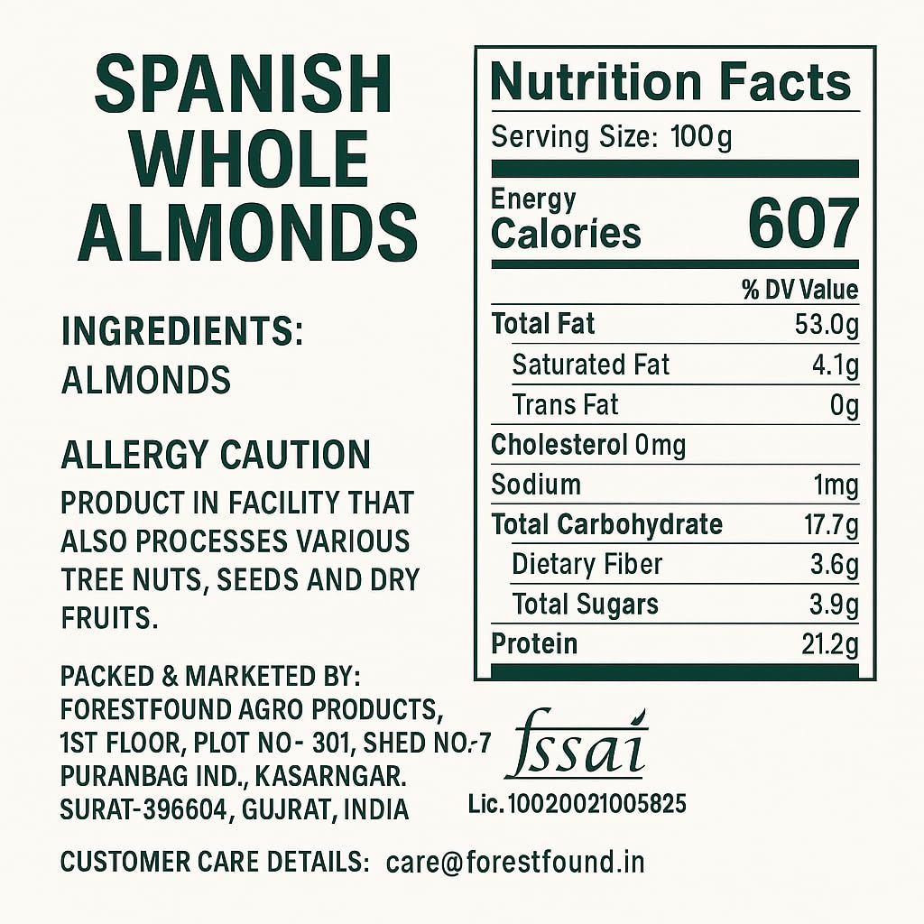 Forest Found Spanish Whole Almonds - 900g | Crunchy Raw Badam Giri | 100% Natural, Fresh & Authentic Mediterranean Almonds | High Protein & Vitamin E Rich | Healthy Snack for Brain & Heart