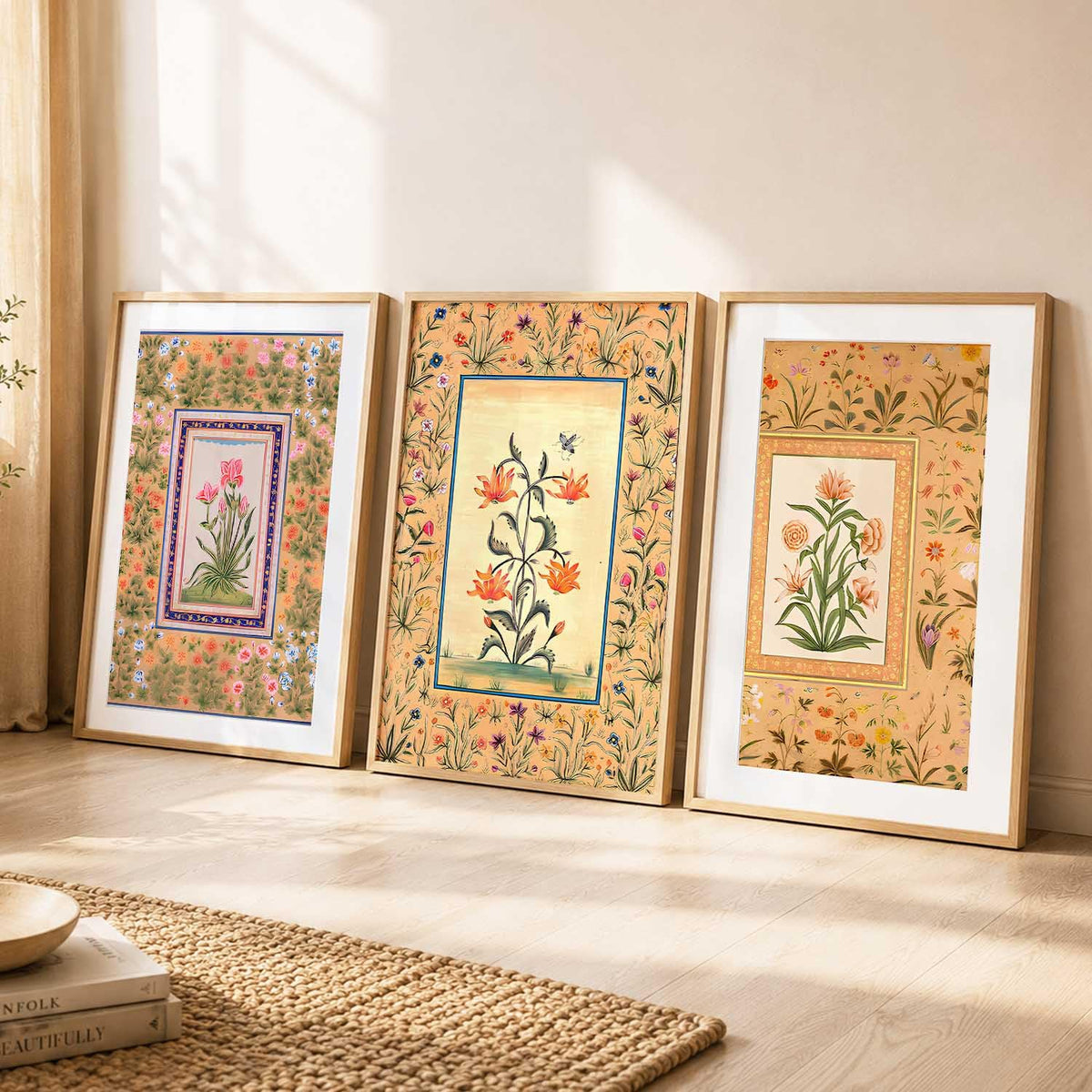 Decorative Indian Traditional Madhubani Wall Art Home Decor Pichwai Painting Poster With Frame For Living Room Bed Room Hotel Wall Decor Digital Reprint Set of 3 (13X17 inch)