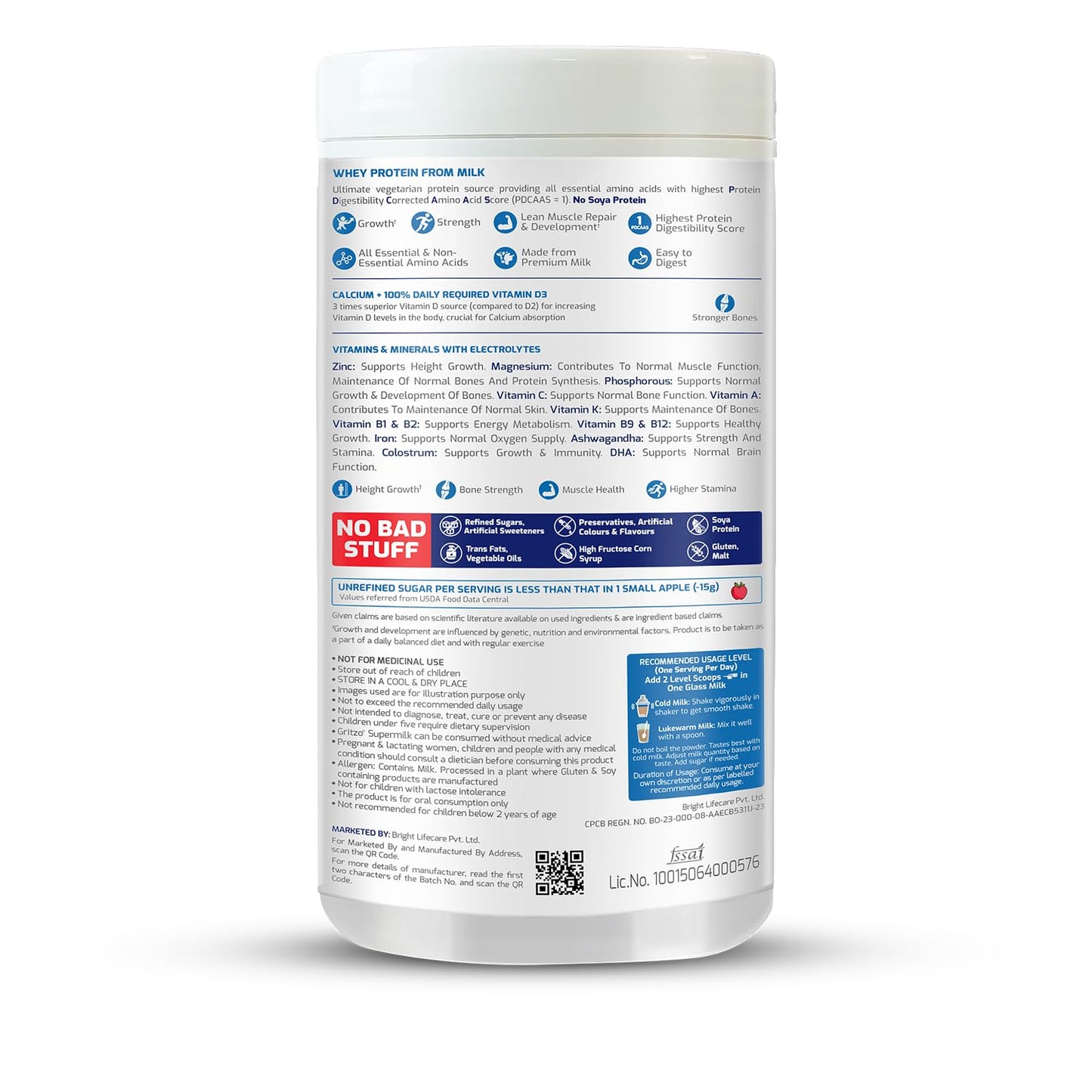 Gritzo SuperMilk Height+ (2-6y), 7g Protein Powder (Double Chocolate, 400g) | Zero Refined Sugar, 21 Vitamins & Minerals