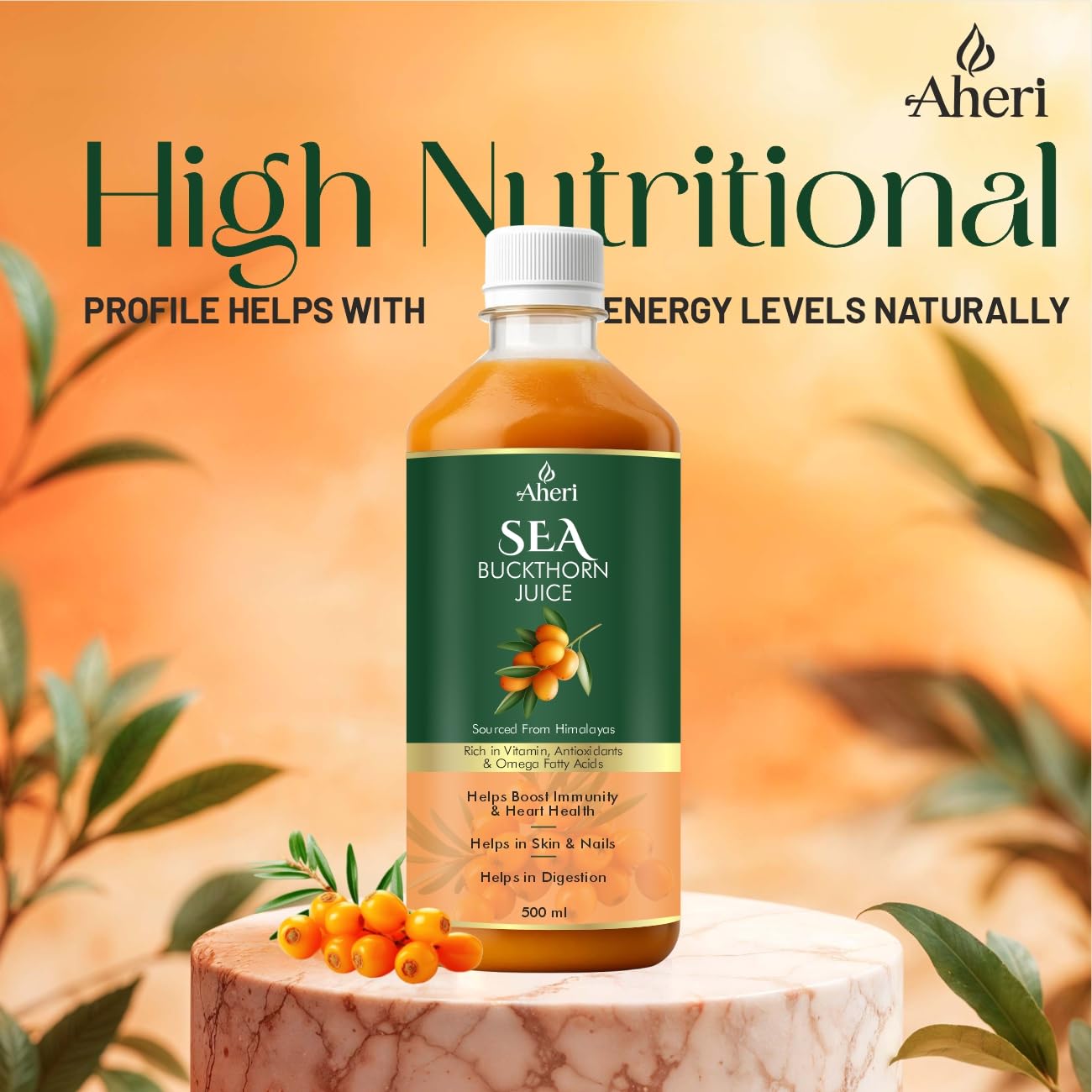 Aheri Sea Buckthorn Juice bottle with green label on a decorative stand against a blurred natural background.