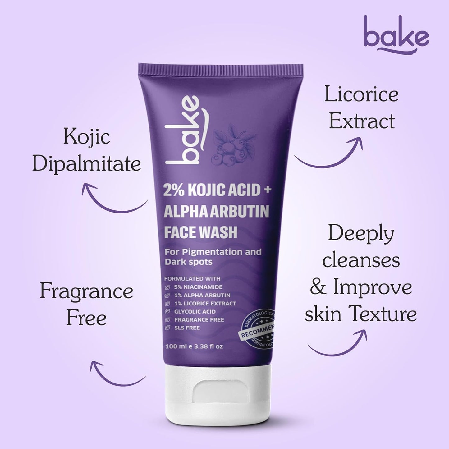 BAKE 2% Kojic Acid Brightening Face Wash Dual Action Formula with Alpha Arbutin & Niacinamide | De-Tan Wash | For Pigmentation, Dark Spots & Tan Removal | Anti Pigmentation Daily Wash - 100ml