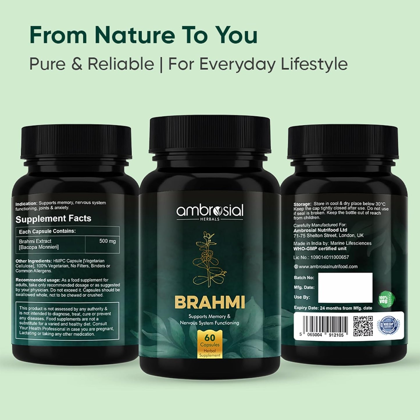 Three bottles of ambrosial Brahmi supplement on a light green background with text 'From Nature To You'.